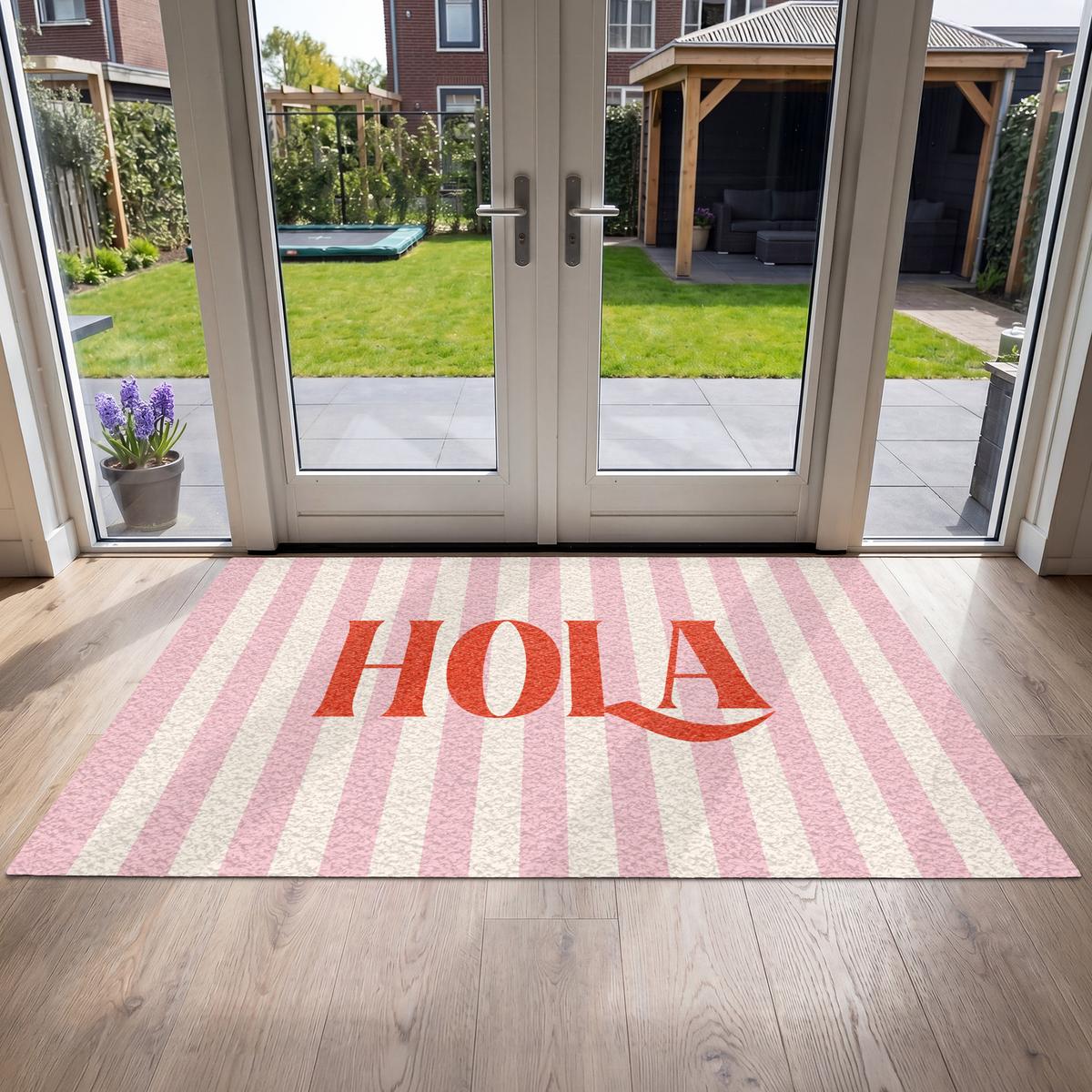 FUSSMATTE Hola - Zitat - Streifen - Pastell - Rosa - Rot - Weiß Schmutzfangmatte 180x120 cm - Rosa, Kunststoff (180/0.4cm) - MuchoWow