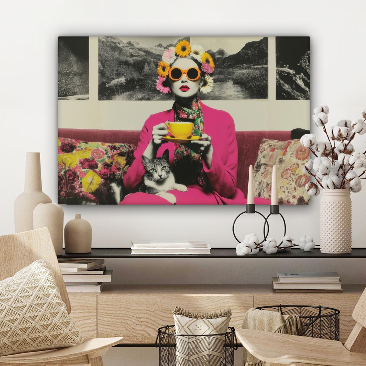 LEINWANDBILD Frau - Katze - Blumen - Tasse - Retro Gemälde 60x40 cm - Magenta, Textil (60/40cm) - MuchoWow