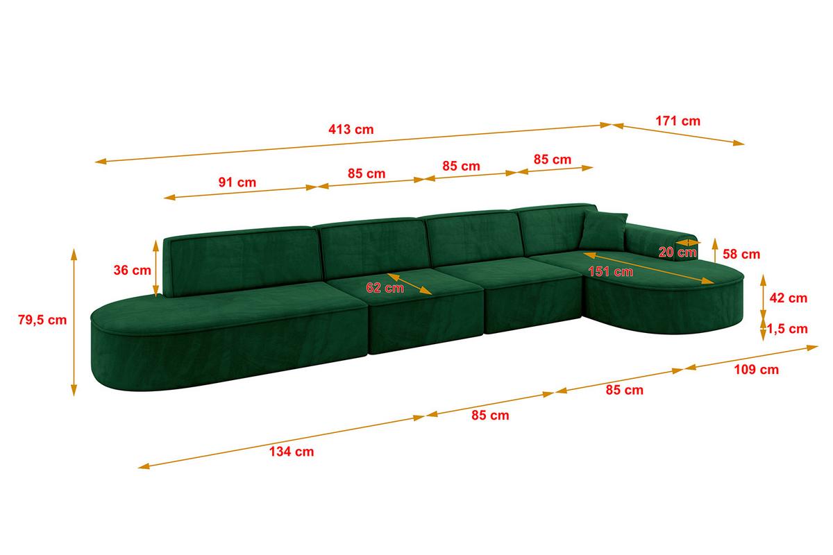 ECKSOFA Ottomane Rechts MARI-L3 - 413x171x79 cm Dunkelgrün Velours - Dunkelgrün/Schwarz, Holzwerkstoff/Kunststoff (171/413cm) - ALTDECOR