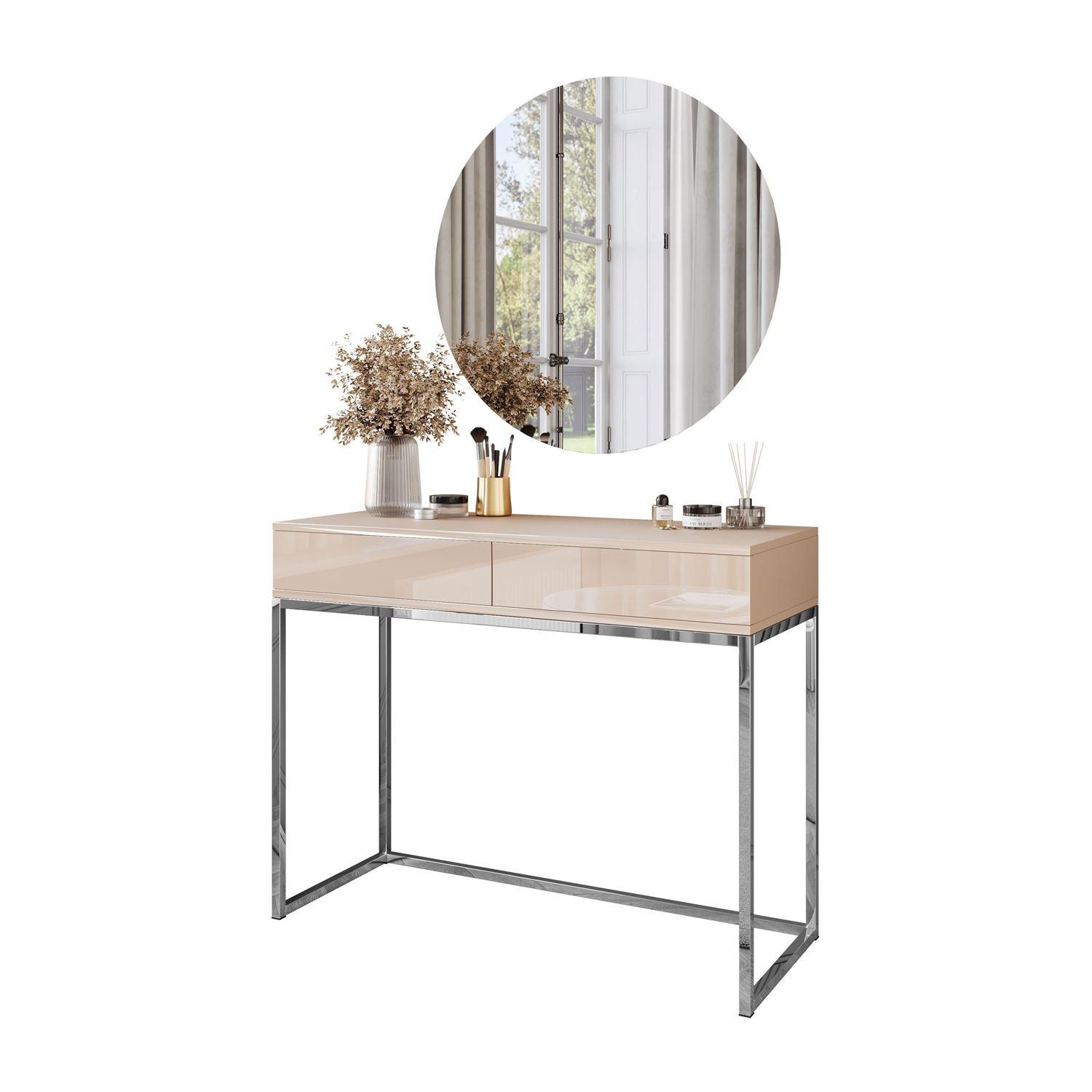 SCHMINKTISCH Blanco Glamour auf verchromtem Gestell mit LED-Spiegel PUSH OPEN - Kaschmir/Goldfarben, Holzwerkstoff (100/81/42cm) - Lookway