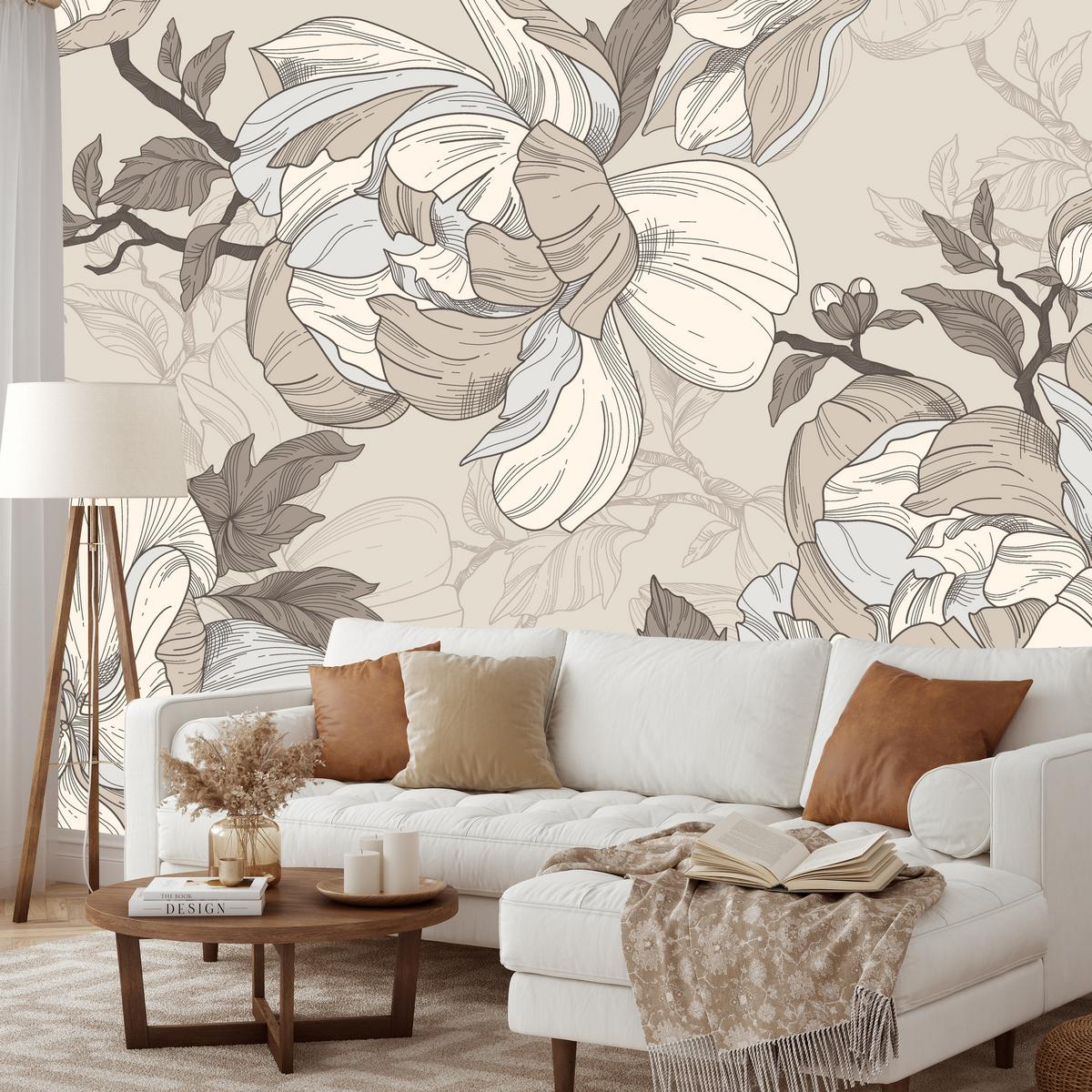 FOTOTAPETE für Wohnzimmer Natur Große Blüten Blätter Pflanzen 100x70 - Beige/Creme, Papier (100/70cm) - Muralo