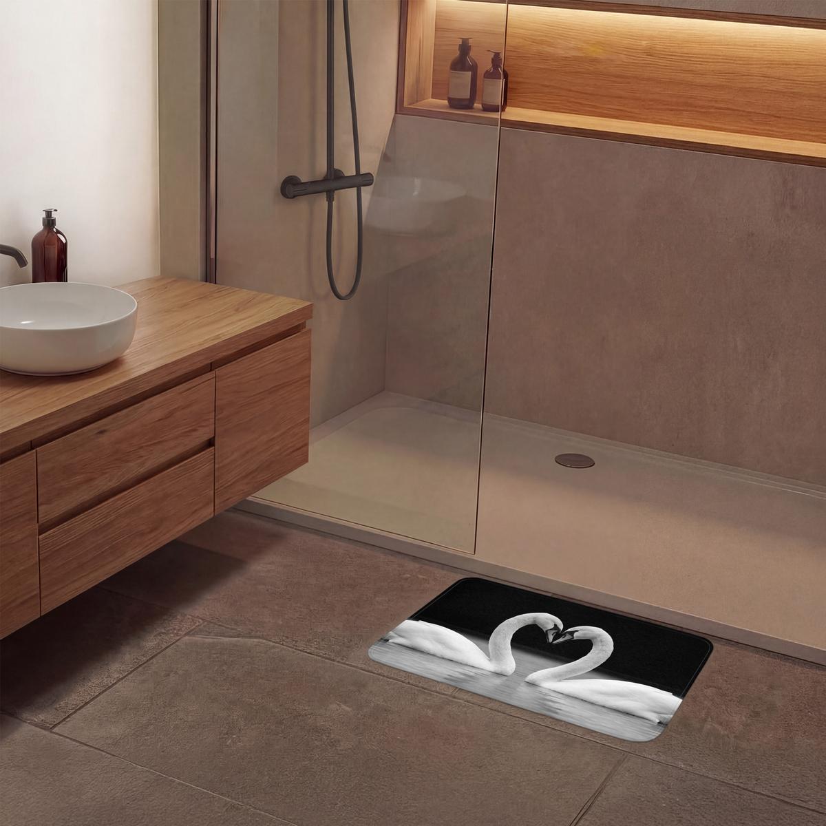 BADEMATTE Schwäne - Herz - Schwarz - Weiß 60x40 cm - Schwarz, Textil (60/40cm) - OnlyWow
