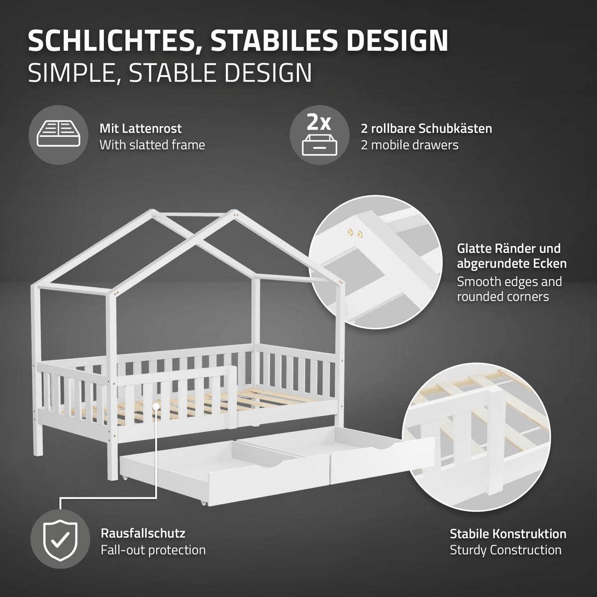 HAUSBETT 80x160 cm Weiß aus Kiefernholz mit 2 Schubladen und Rausfallschutz - Weiß, Holz (80/160cm) - ML-DESIGN