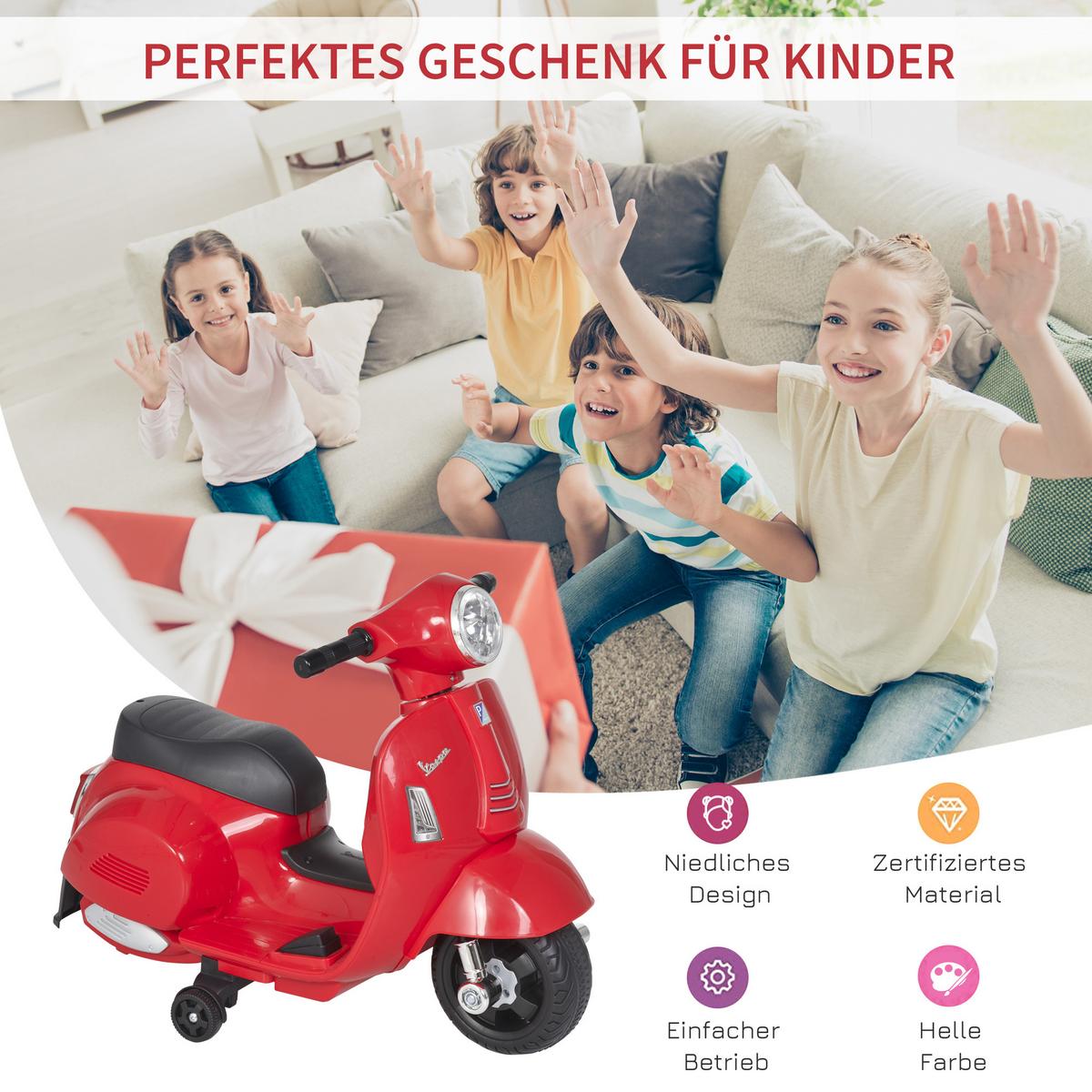 VESPA Elektromotorrad Kindermotorrad Elektrofahrzeuge 1,5 bis 3 Jahren Rot - Rot, Metall (66.5/38/52cm) - HOMCOM