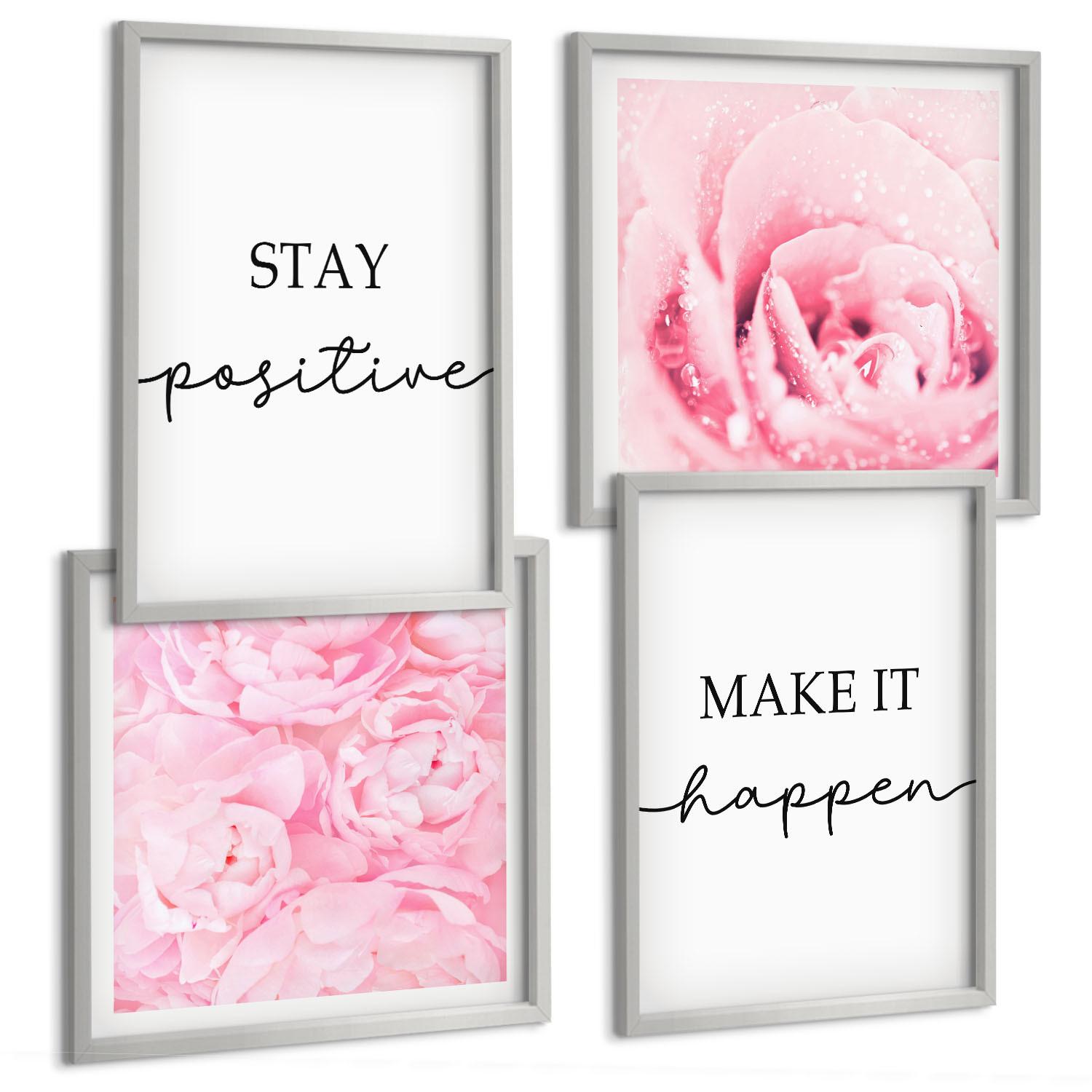 BILDER SET 4er Set - 50x50 cm & 40x60 cm Silberner Rahmen - Minimalistische rosa Blüten - Silberfarben, Kunststoff (50/50cm) - TULUP
