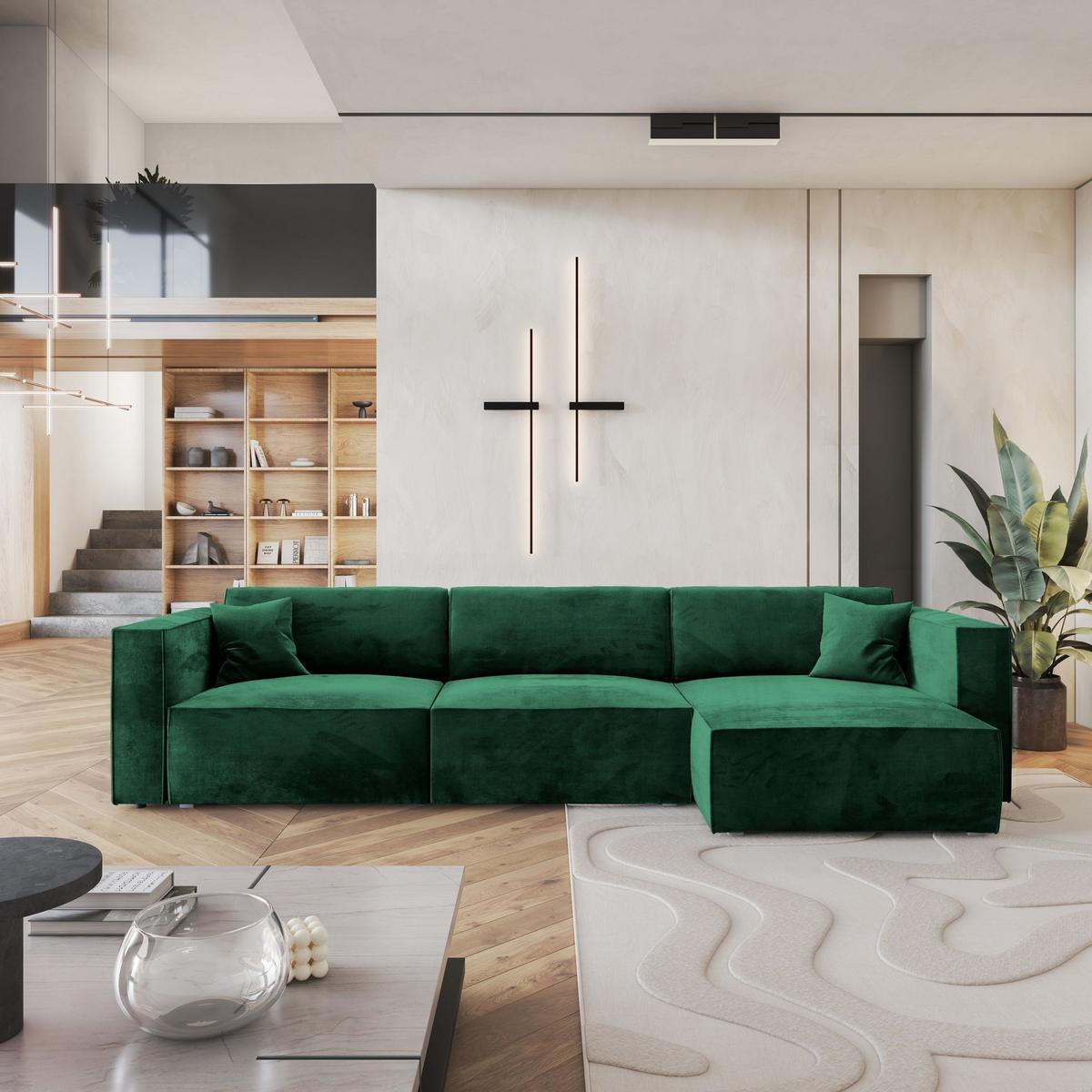 ECKSOFA TOLMO M Grün Velours-Stoff mit Schlaffunktion - Grau/Grün, Holz/Kunststoff (347/148cm) - MASSENO
