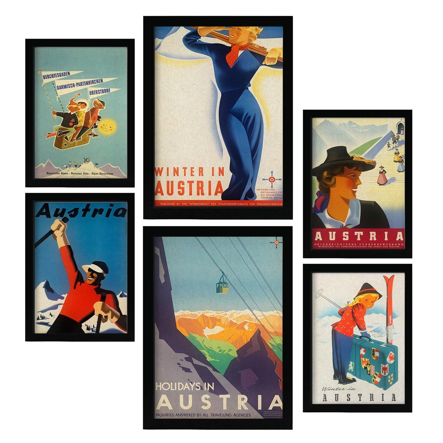 POSTER Set Mit 6 Österreich Vollfarbige Illustrationen Von Vintage Tourismus Werbetafeln Aus Der Ganzen Welt Innenarchitektur A3 & A4 Schwarzer Rahmen - Schwarz, Papier (29/3cm) - Nacnic