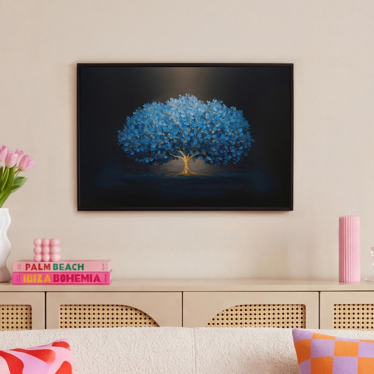 LEINWAND Bilder mit Rahmen - Baum - Blau - Blätter - Pinselstriche - 60x40 - Blau, Textil (60/40cm) - MuchoWow