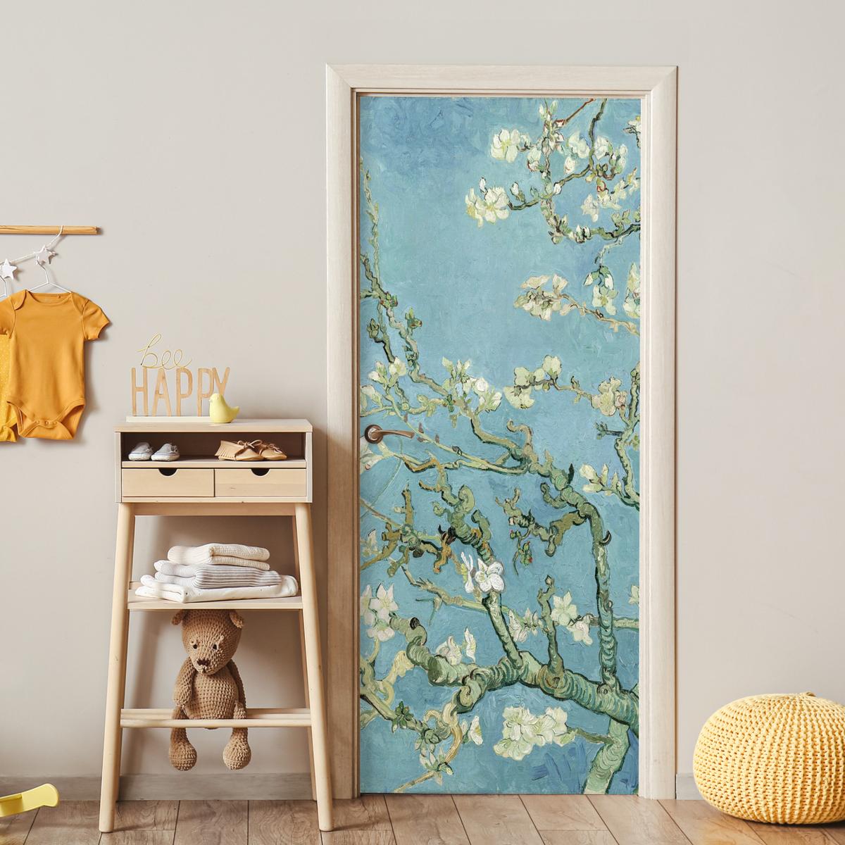 TÜRAUFKLEBER Selbstklebend - Mandelblüte - Van Gogh - Kunst 85x205 cm - Türtapete - Pastellblau, Kunststoff (85/205cm) - MuchoWow