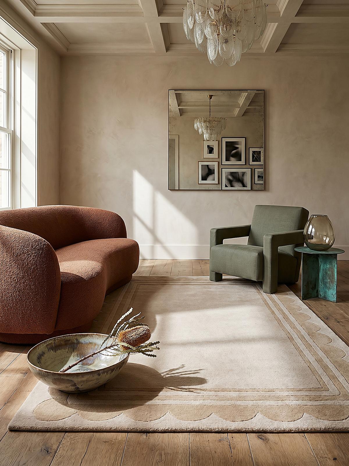 WOLLTEPPICH WENSUM, mit grafischem Muster mit Rahmen, Beige, 160 x 230 cm - Beige, Textil (230/160cm) - KADIMA DESIGN
