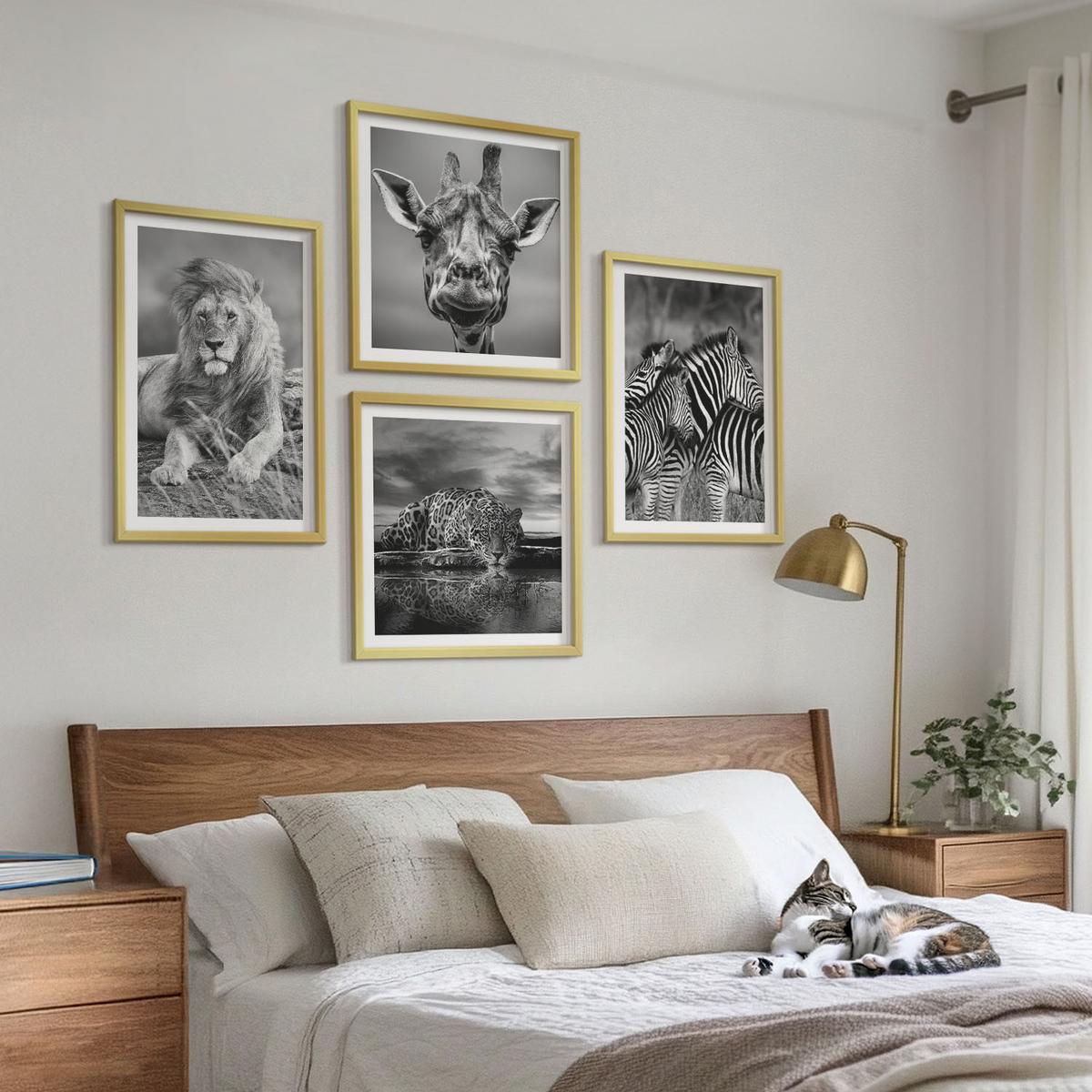 BILDER SET 4er Set - 50x50 cm & 40x60 cm Goldrahmen - Wildtiere Löwe Jaguar Giraffe Zebras - Goldfarben, Kunststoff (50/50cm) - TULUP