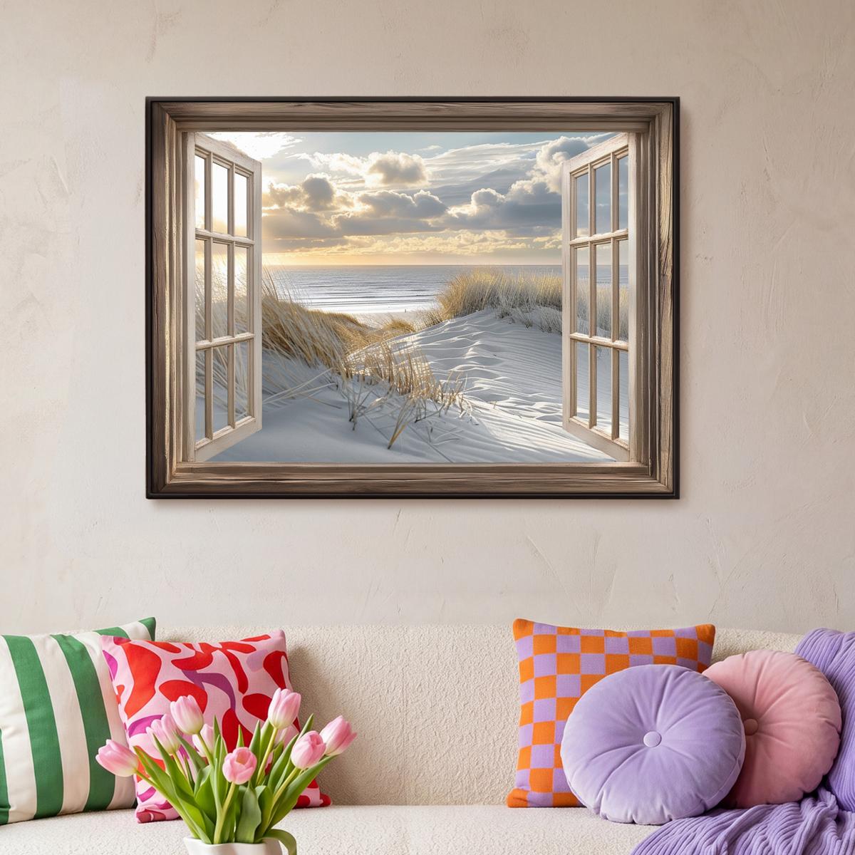 LEINWAND Bilder mit Rahmen - Ausblick - Strand - Dünen - Meer - Natur - 100x70 - Sandfarben, Textil (100/70cm) - MuchoWow