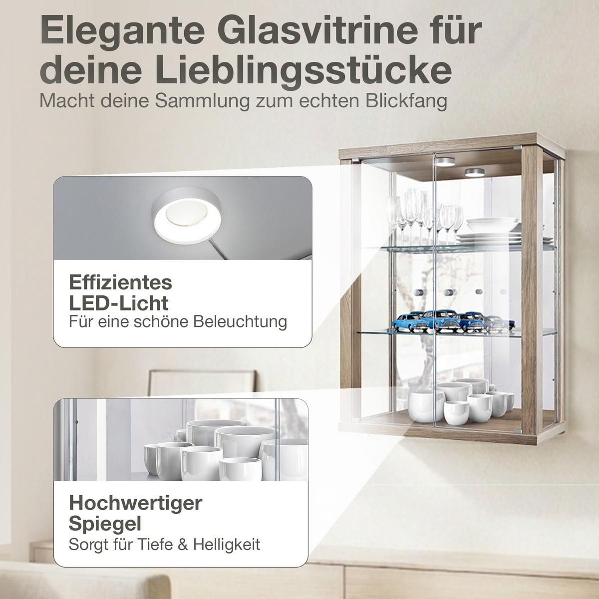 HÄNGEVITRINE 25/60/80 cm mit Spiegel, LED & 2 höhenverstellbaren Glasböden - Transparent/Silberfarben, Glas/Holzwerkstoff (60/80/25cm) - K-Möbel
