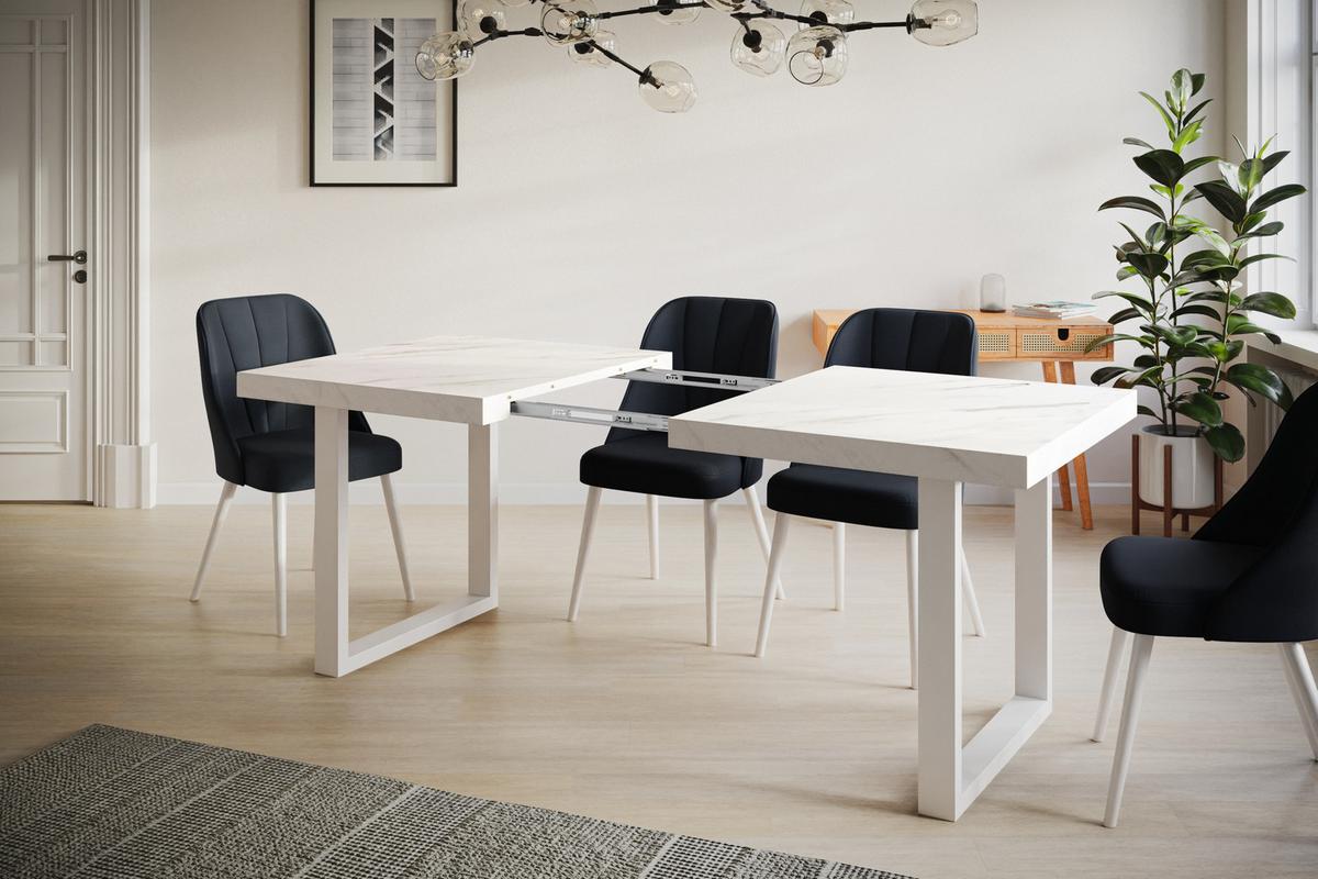 INDUSTRIELLER Esszimmertisch LOFT-U, ausziehbarer Tisch, Größe: 160-260X90X77 cm, Wohnzimmertisch Farbe: MARMUR, mit Metallbeinen in Farbe Weiß - Hellgrau/Weiß, Holzwerkstoff (160/90/77cm) - Alpi-Möbel