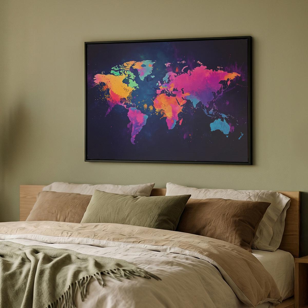 LEINWAND Bilder mit Rahmen - Weltkarte - Bunt - Graffiti - 100x70 - Multicolor, Textil (100/70cm) - MuchoWow