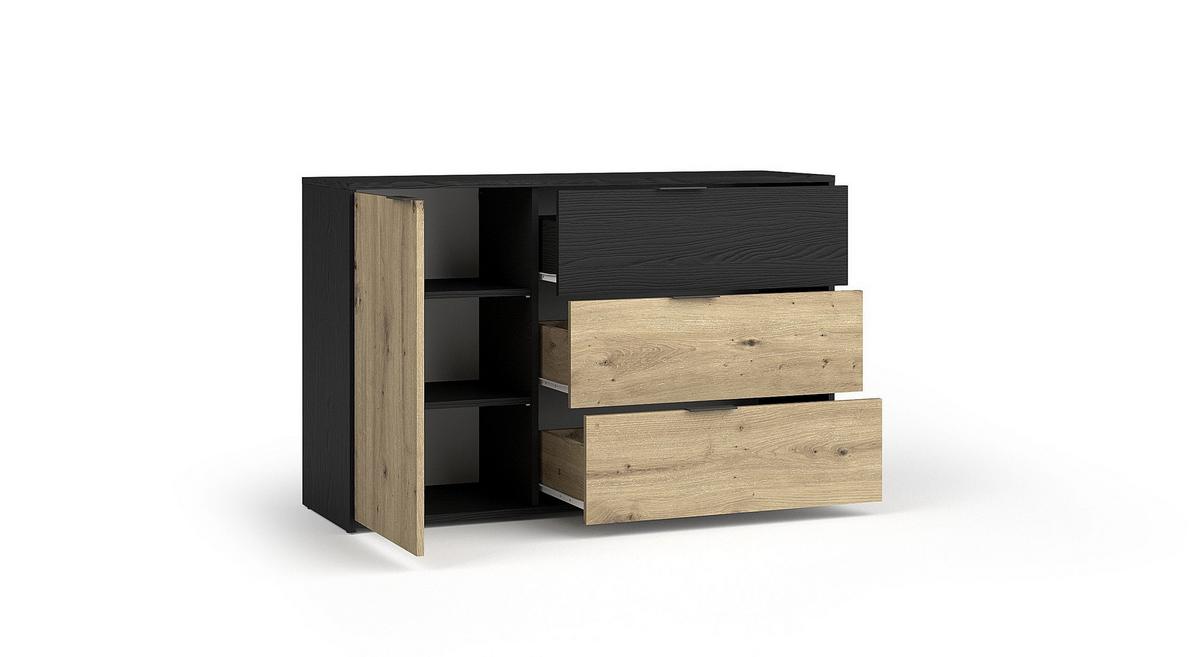 KOMMODE LAMON 125/80/36,5cm mit 3 Schubladen 1 Türen Graphitfarben - Graphitfarben/Eiche Artisan, Holzwerkstoff (125/80/36.5cm) - MASSENO