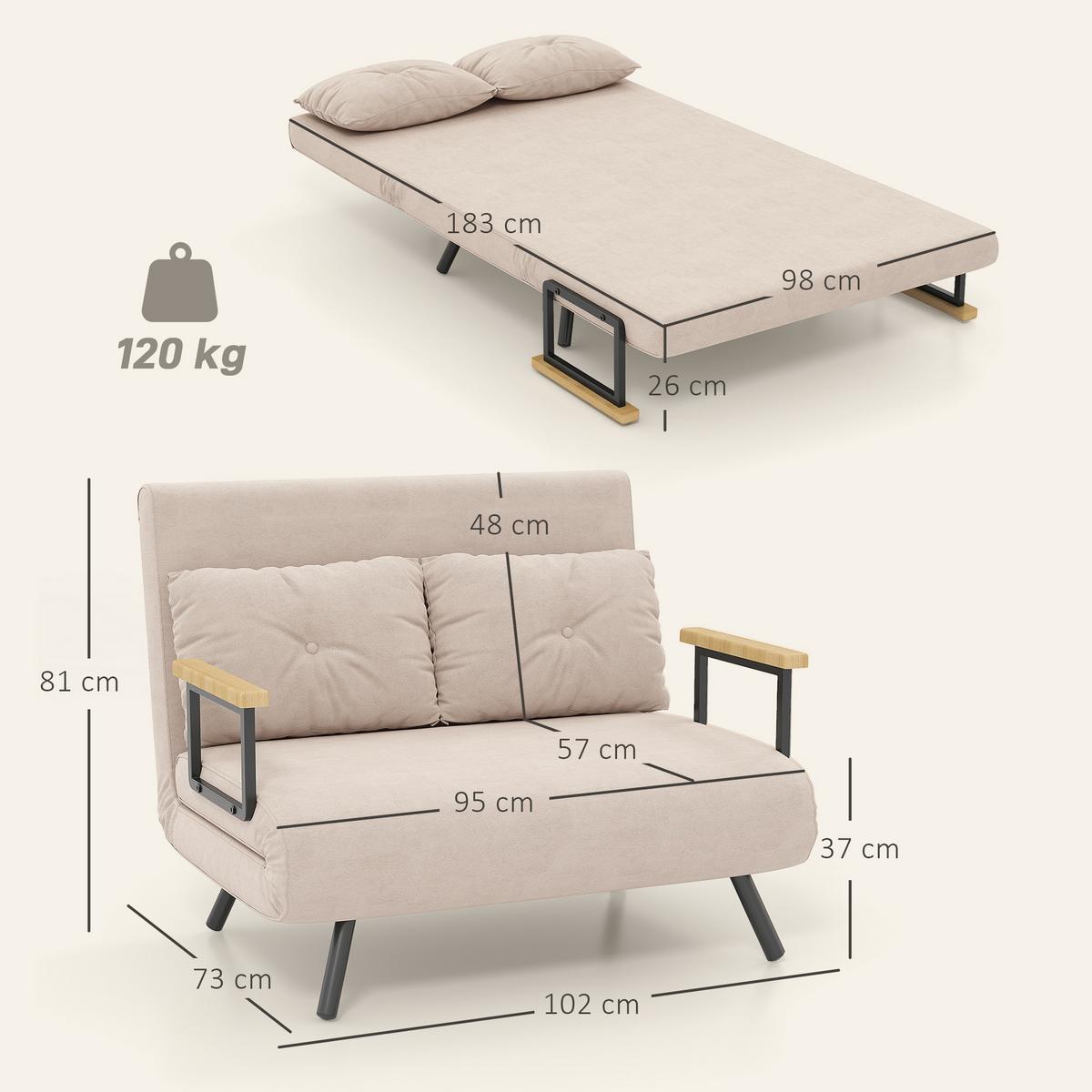 SCHLAFSOFA, Zweisitzer mit Bettfunktion, Schlafcouch mit Samtoptik, Rückenkissen - Beige/Schwarz, Holz/Textil (73/81/102cm) - HOMCOM