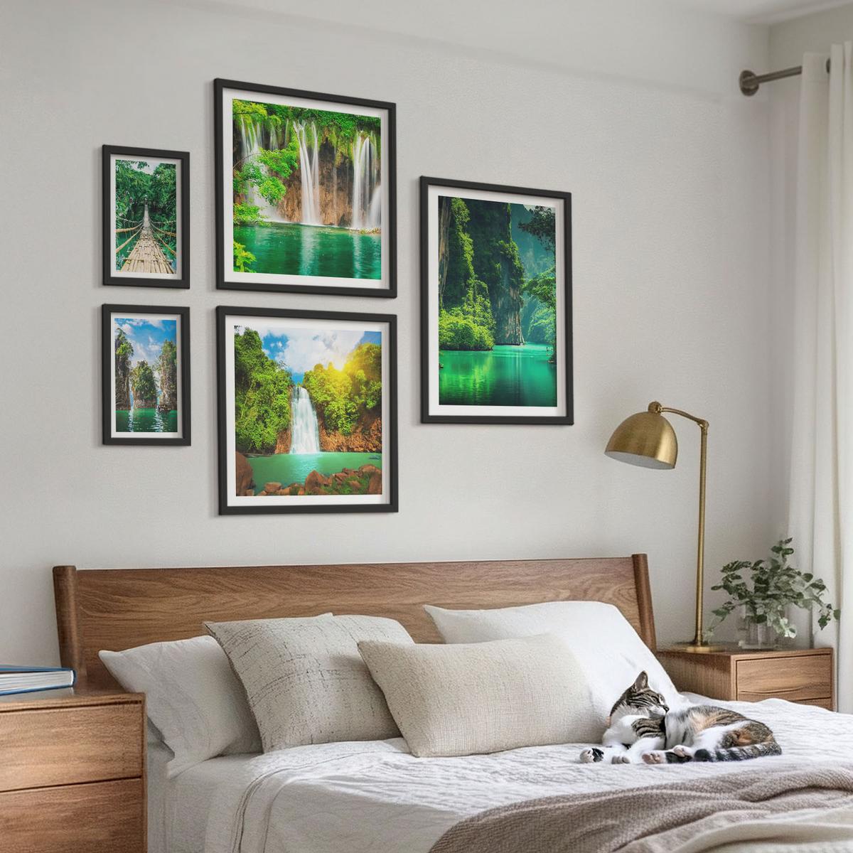 BILDER SET 5er Set - 50x50 cm & 20x30 cm & 40x60 cm Schwarzer Rahmen - See, Berge, Boote, Ferienhaus - Schwarz, Kunststoff (40/60cm) - TULUP