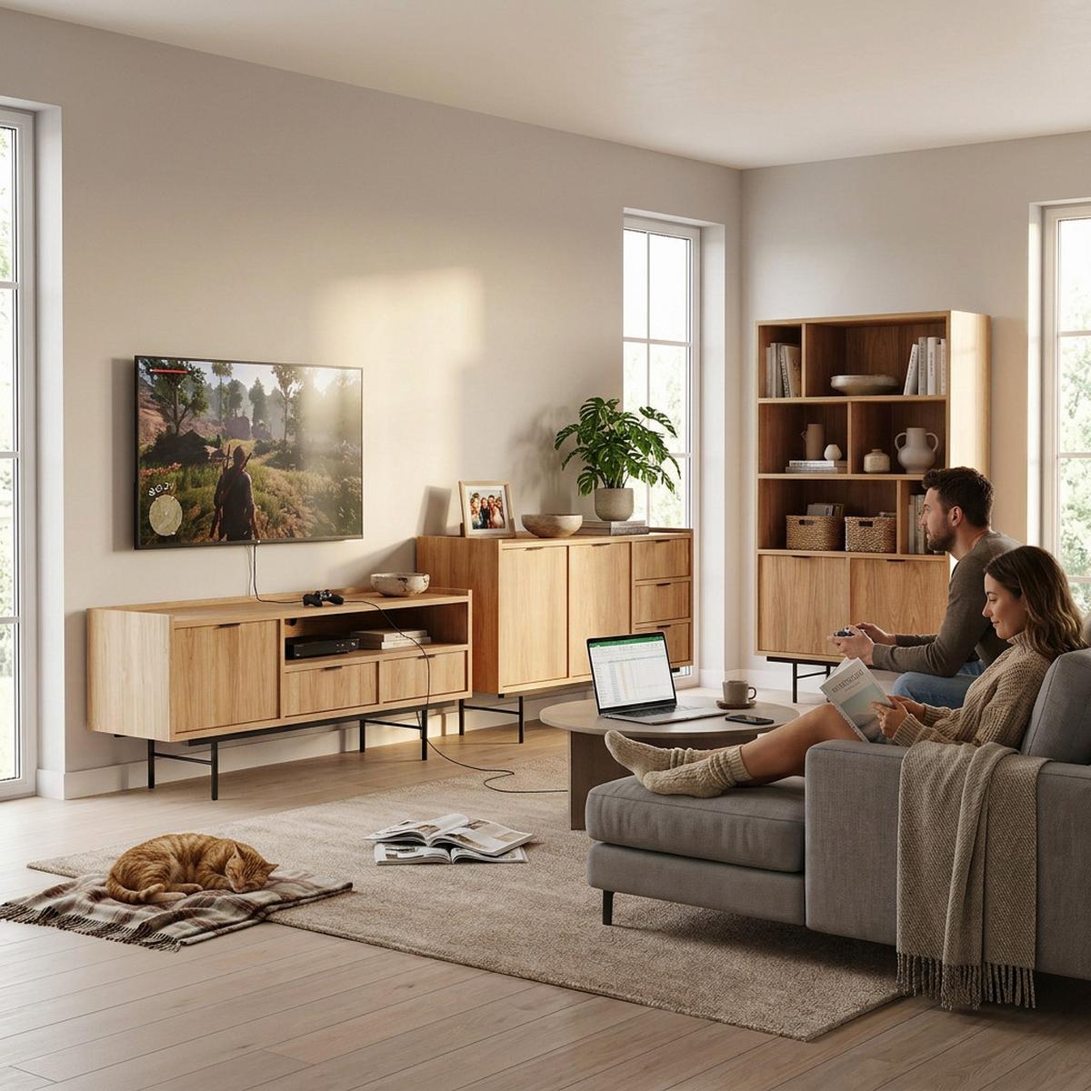 WOHNWAND Evron Kommode 150 cm TV-Board 150 cm Bücherregal 90 cm, Hikora Eiche - Eichefarben/Schwarz, Holzwerkstoff/Metall (150/90/40cm) - Beautysofa