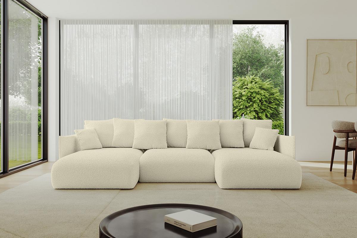 WOHNLANDSCHAFT mit Schlaffunktion und Bettkasten ONESK-U 317x177x72 Beige Bouclé - Hellbraun/Creme, Holzwerkstoff/Kunststoff (317/72/177cm) - ALTDECOR