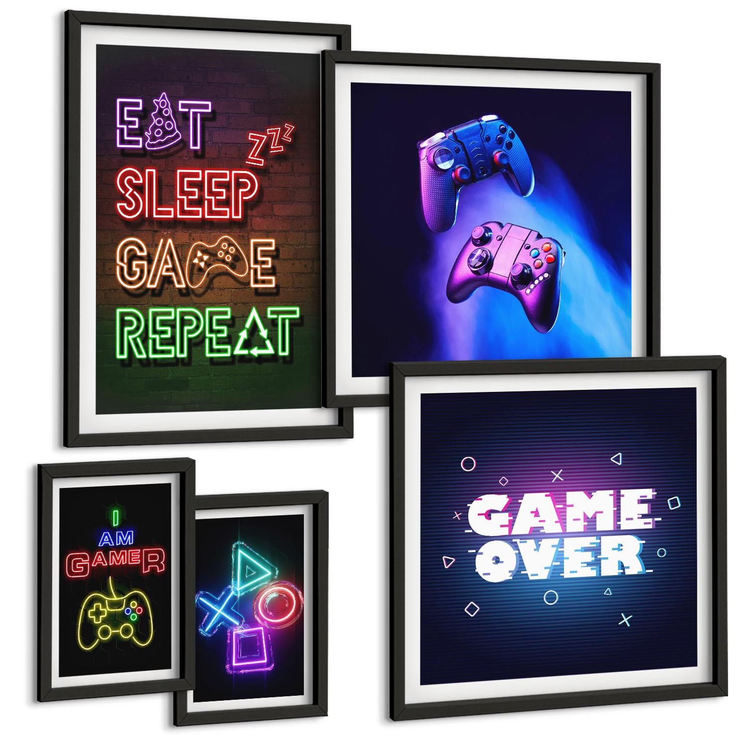 BILDER SET 5er Set - 50x50 cm & 20x30 cm & 40x60 cm Schwarzer Rahmen - Gamepads, Spielersymbol-Untertitel - Schwarz, Kunststoff (40/60cm) - TULUP