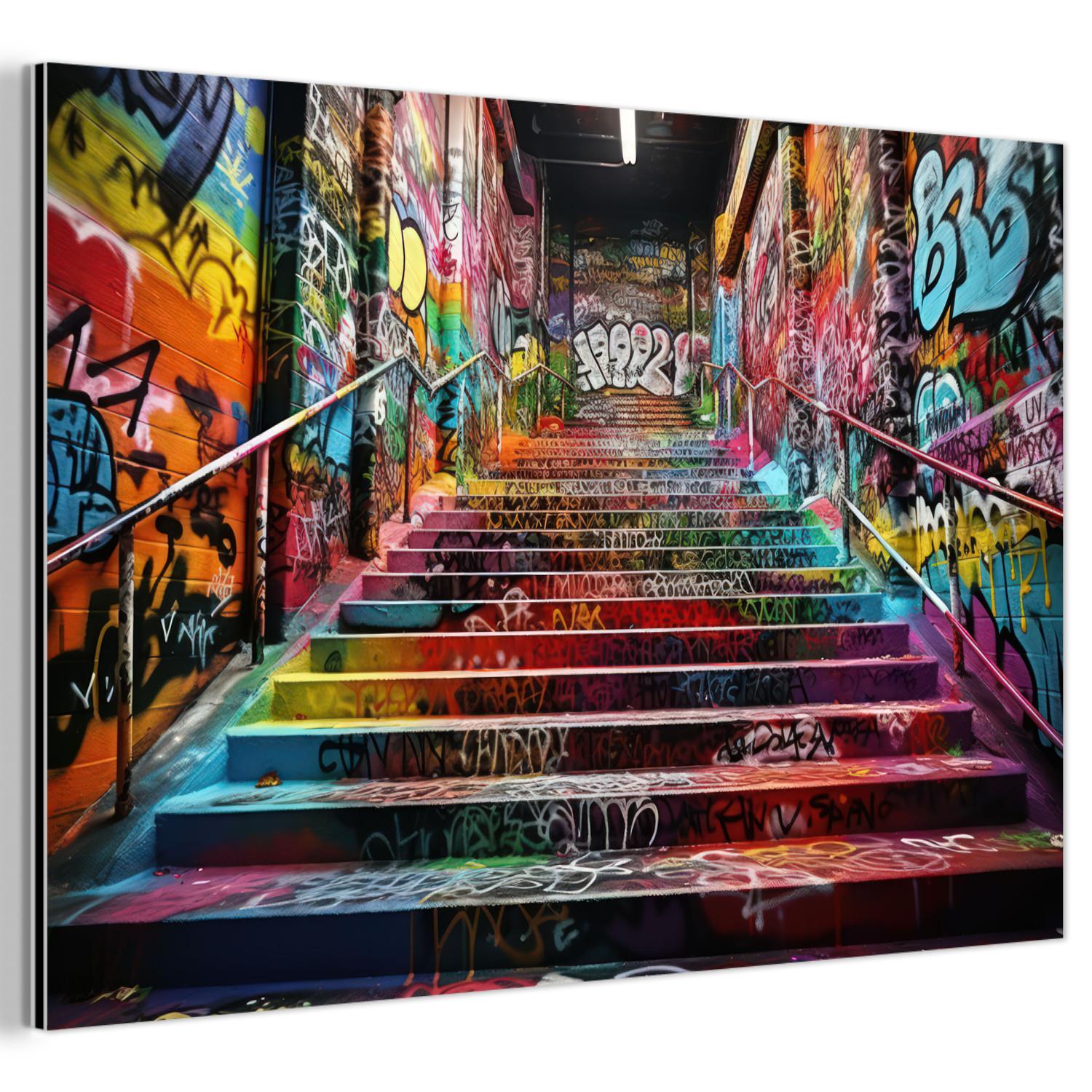 METALLBILD Treppe - Graffiti - Farben - Kunst Deko Groß 120x80 cm - Multicolor, Metall (120/80cm) - MuchoWow