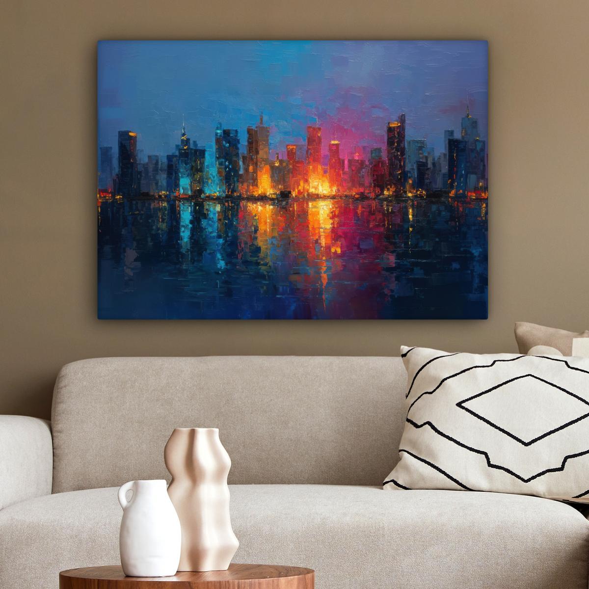 LEINWANDBILD Skyline - Pinselstriche - Dunkelblau - Leuchtend Wandbilder 80x60 cm - Blau, Textil (80/60cm) - MuchoWow