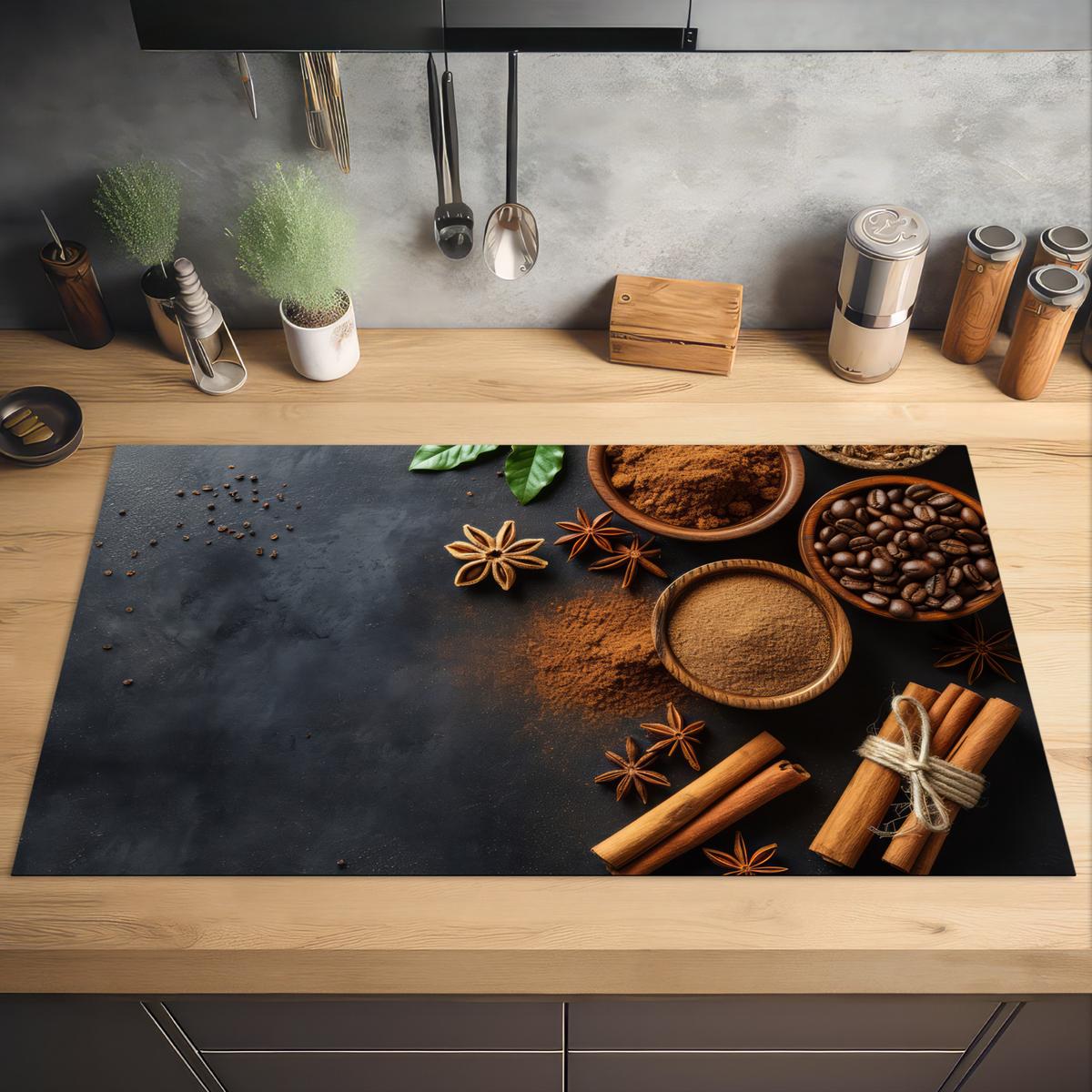 HERDABDECKPLATTE Zimt - Beton - Kaffee - Zimtstangen - Gewürze Induktionsschutz 91.2x52 cm - Mokka, Kunststoff (91.2/52/0.2cm) - MuchoWow