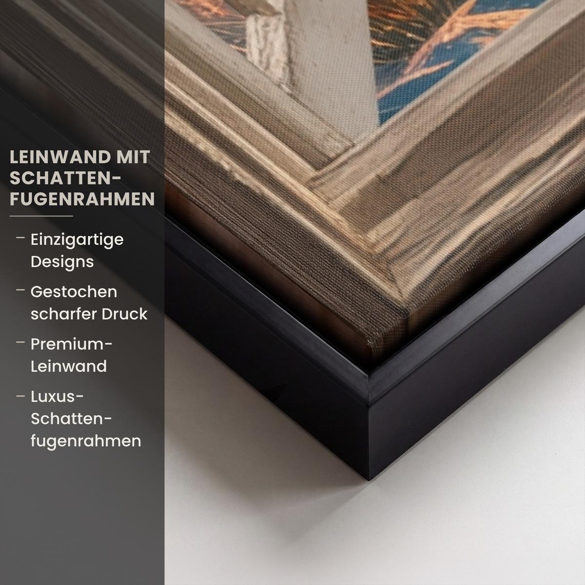 LEINWAND Bilder mit Rahmen - Aussicht - Fenster - Leuchtturm - Sonnenuntergang - Strand - 60x90 - Dunkelorange, Textil (60/90cm) - MuchoWow