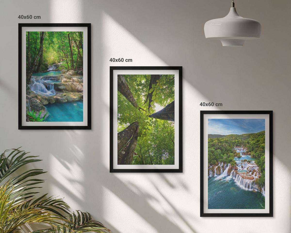 BILDER SET 3er Set - 40x60 cm Schwarzer Rahmen - Wasserfälle grüner Wald Wasser - Schwarz, Kunststoff (40/60cm) - TULUP