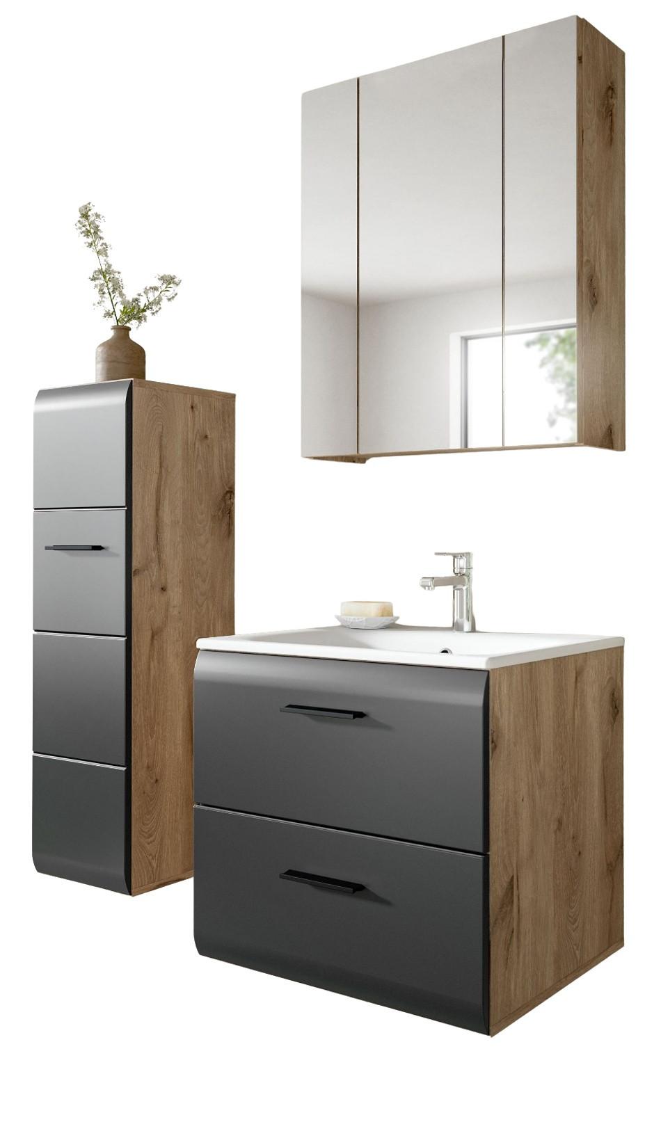 BADMÖBEL-SET schwarz matt, Eiche Nox, Badezimmer komplett mit Waschbecken 105 cm - Eichefarben/Schwarz, Glas/Holzwerkstoff (105/185/46cm) - Inn.Furn