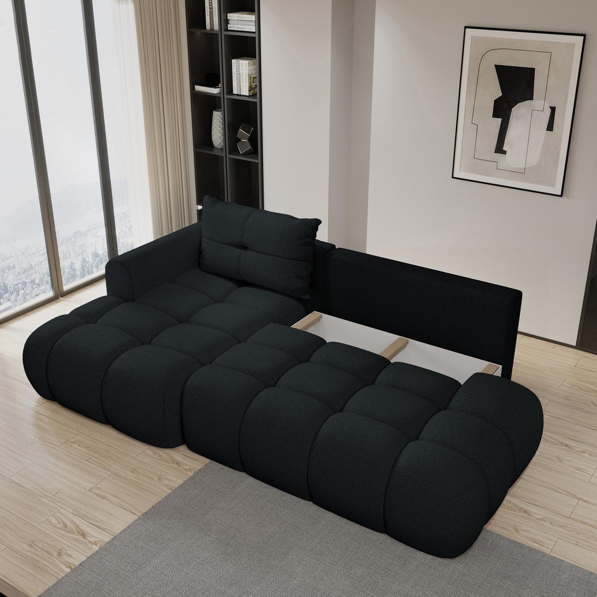 ECKSOFA FLUMA L-S Schwarz Boucle-Stoff mit Schlaffunktion - Schwarz, Holz (279/158cm) - MASSENO