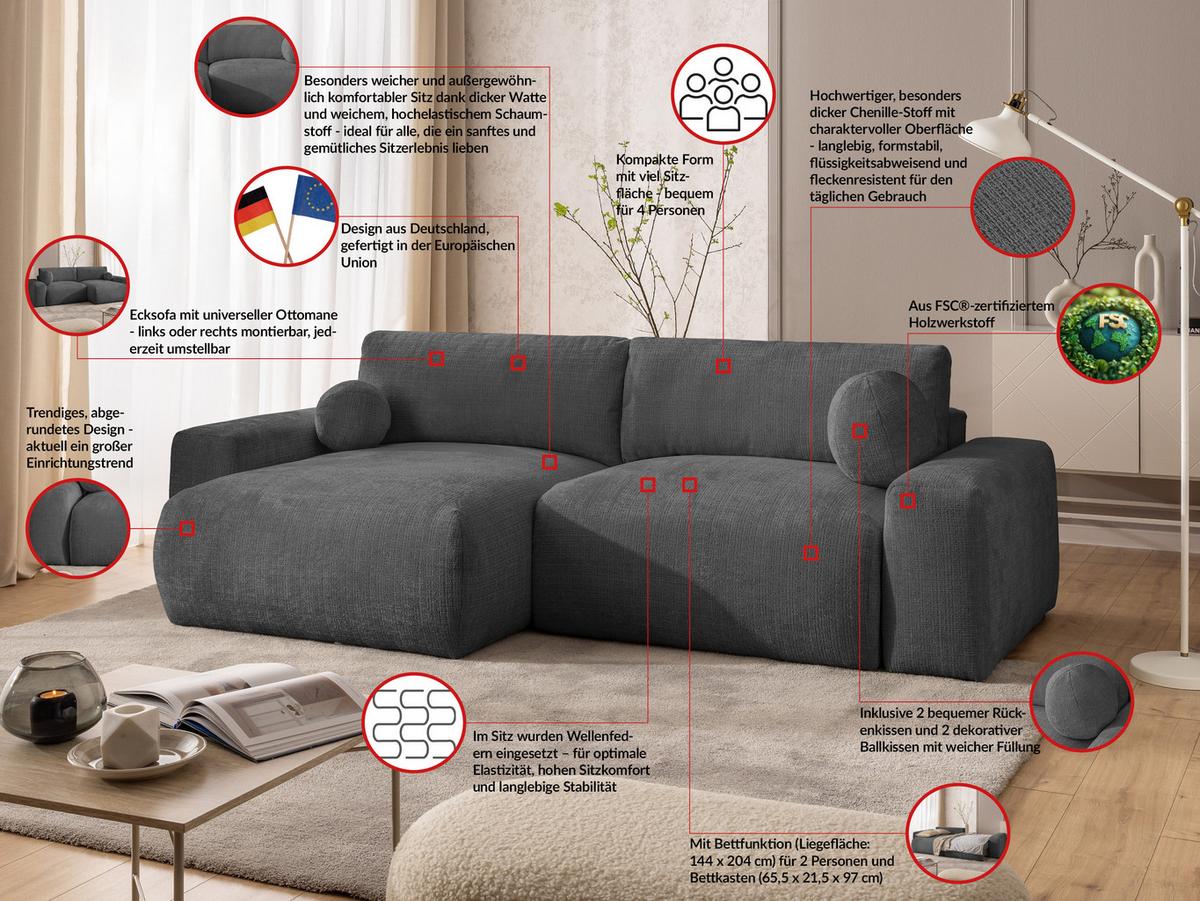 ECKSOFA Puffy mit Schlaffunktion und Bettkasten - besonders weich und puffig aus Grau Chenille-Stoff - Ottomane links - Schwarz/Grau, Holz/Kunststoff (138/266cm) - S-Style Möbel