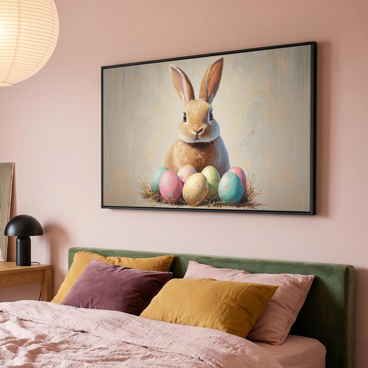 LEINWAND Bilder mit Rahmen - Osterhase - Pastell - Eier - 150x100 - Beige, Textil (150/100cm) - MuchoWow