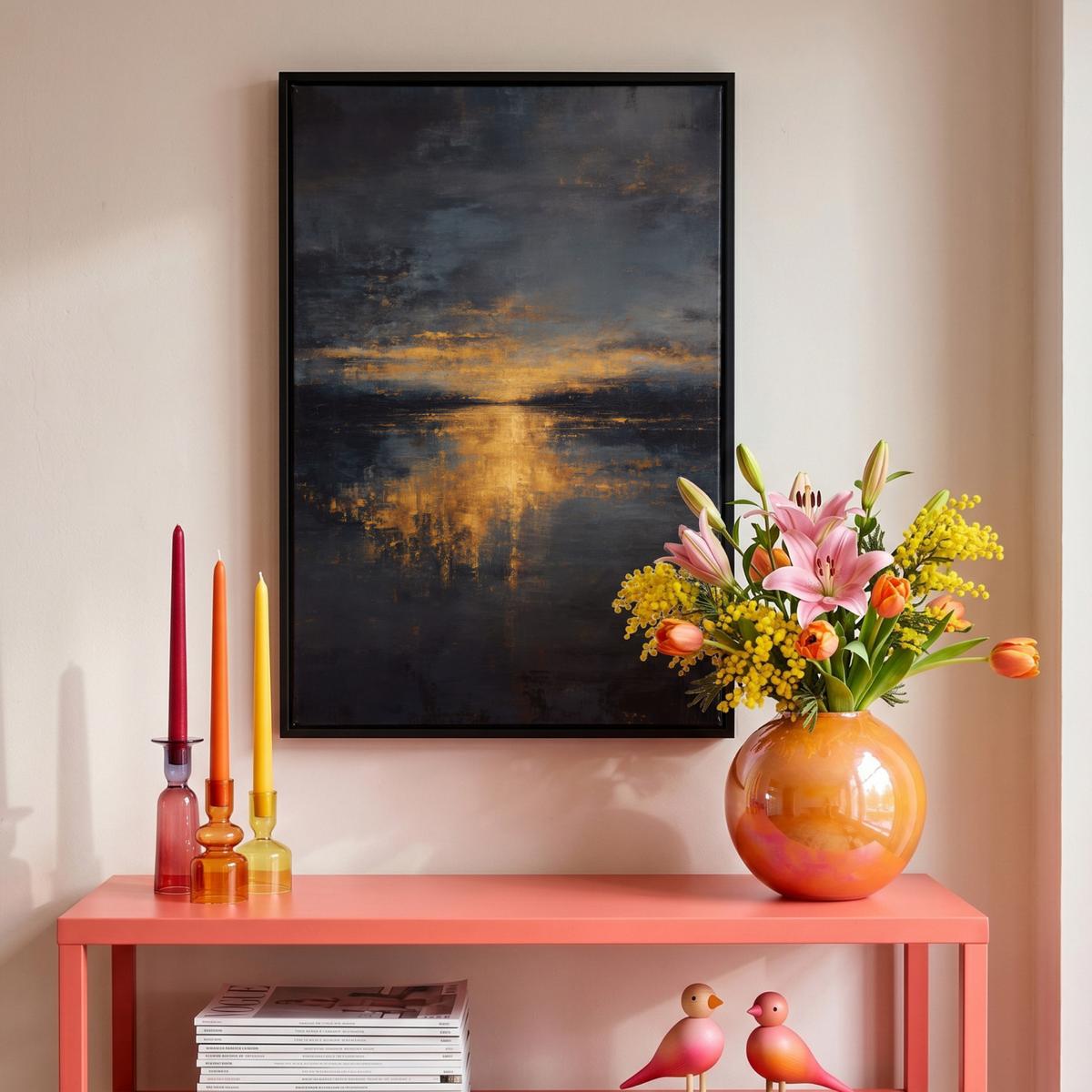 LEINWAND Bilder mit Rahmen - Goldene Reflexion auf dem Wasser - 40x60 - Anthrazit, Textil (40/60cm) - MuchoWow