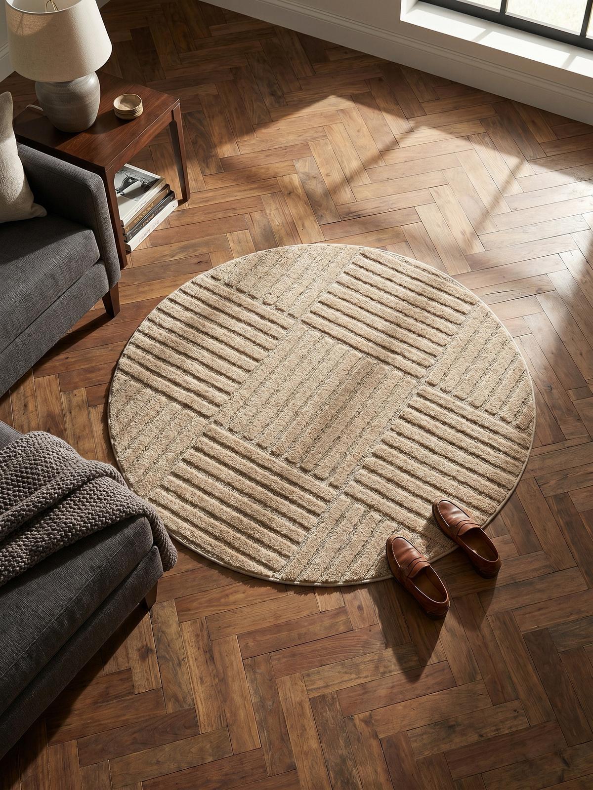 TEPPICH Hochflor RIGI in Beige, mit Cord-Streifen-Patchwork, Ø 120 cm - Beige, Textil (120/120cm) - KADIMA DESIGN