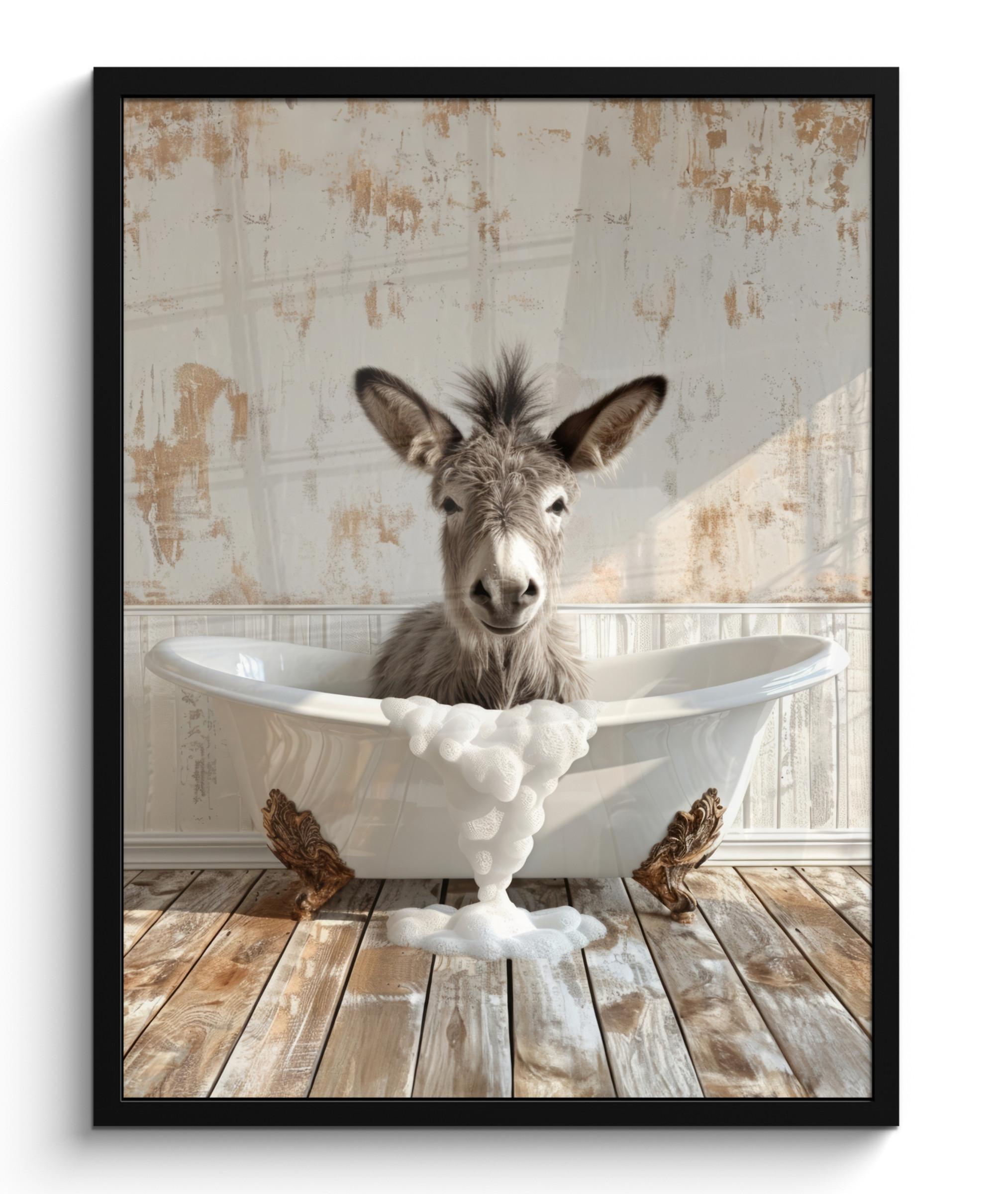 POSTER MIT RAHMEN Esel - Tiere - Badewanne - Schaumstoff Posterleiste 60x80 cm - Weiß, Papier (60/80cm) - MuchoWow