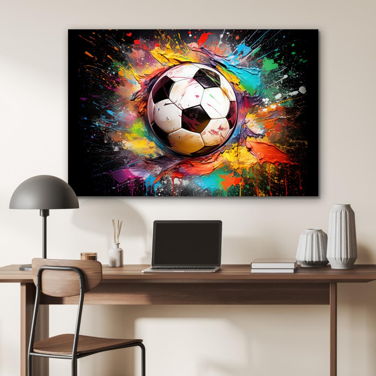 METALLBILD Fußball - Farbe - Farben - Schwarz - Weiß Deko Groß 120x80 cm - Weiß, Metall (120/80cm) - MuchoWow