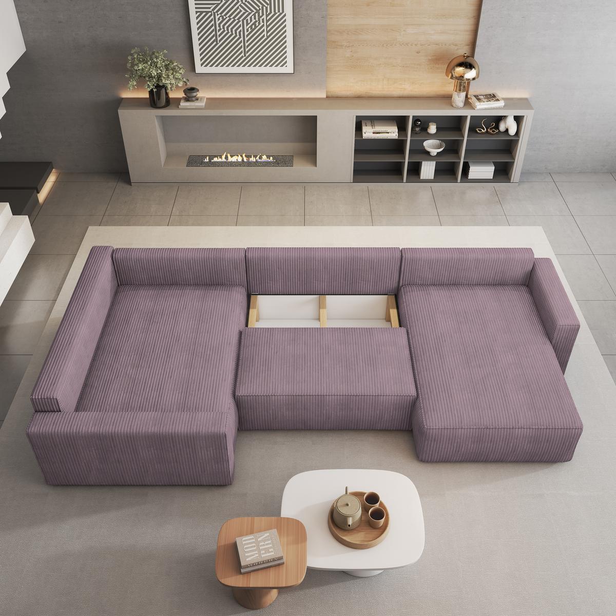 WOHNLANDSCHAFT VELAMI L-S Lila Kordstoff mit Schlaffunktion - Lila, Holz (365/83/194cm) - MASSENO