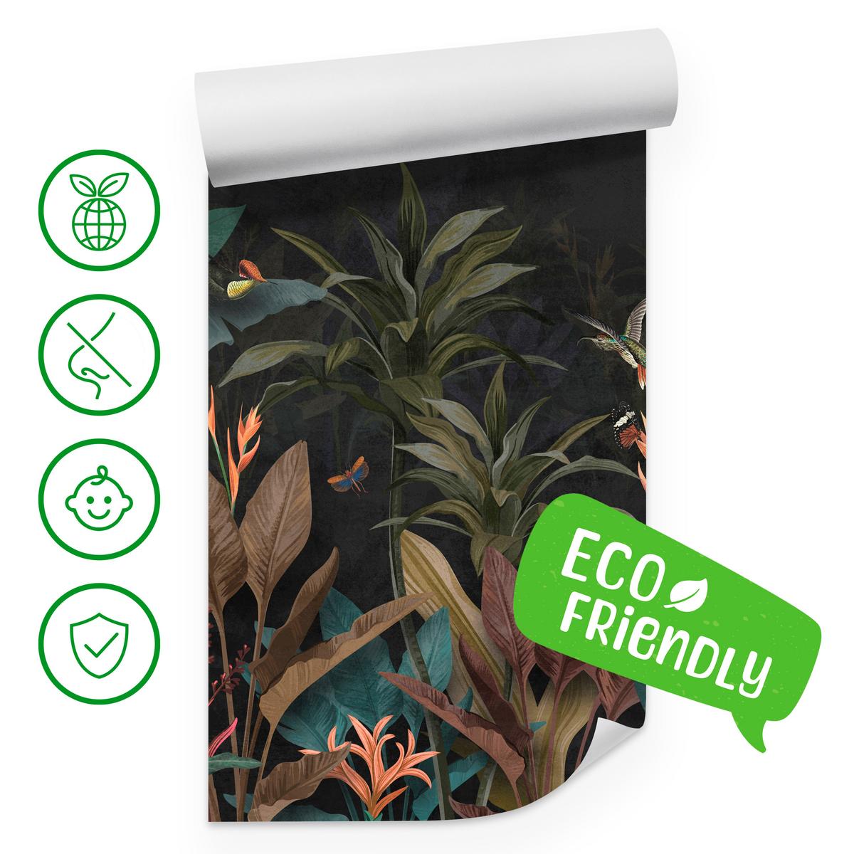 FOTOTAPETE Exotische Palmenblätter Dunkler Hintergrund Insekten Tropisch 250x175 - Orange/Braun, Papier (250/175cm) - Muralo
