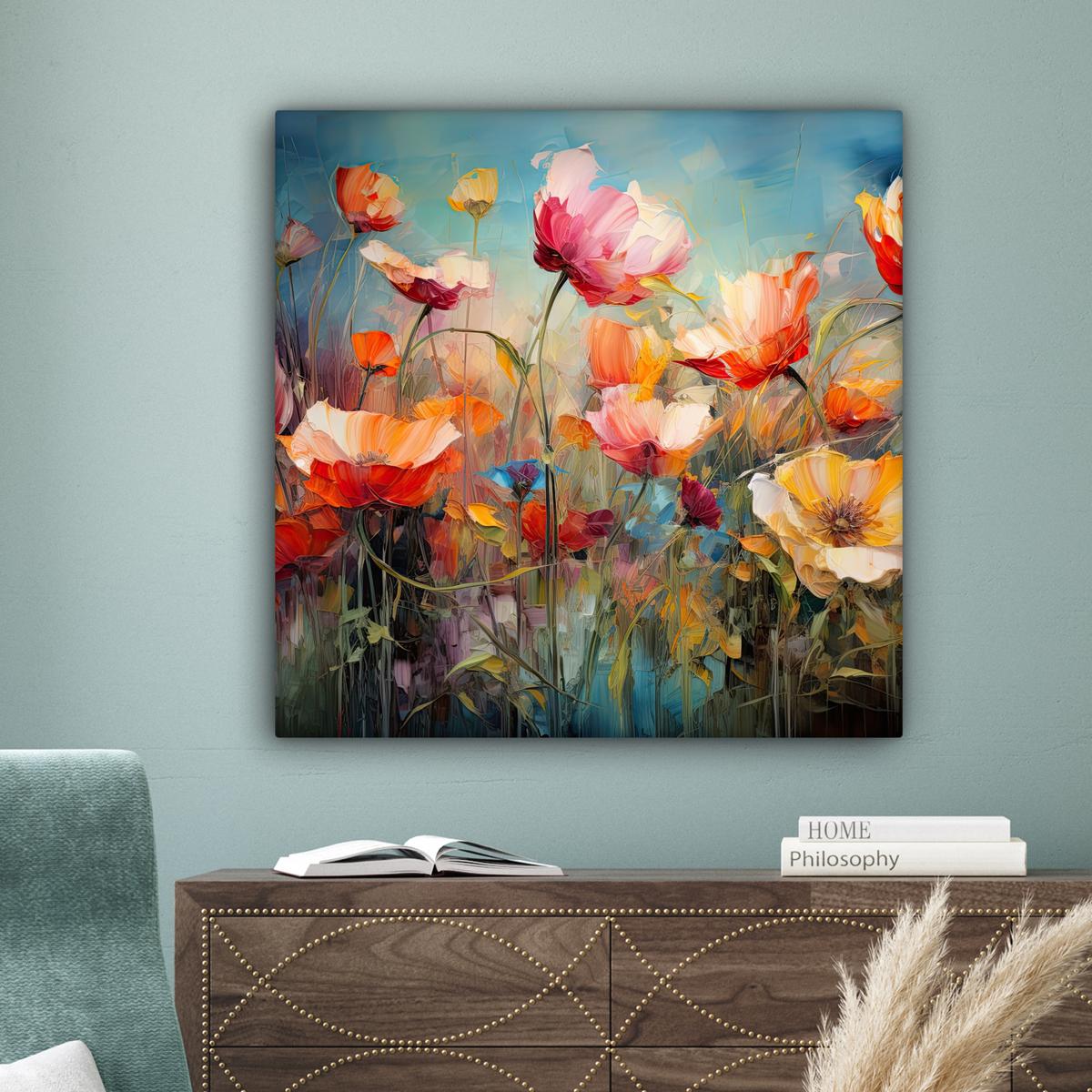 LEINWANDBILD Blumen - Aquarell - Kunst - Botanisch - Natur Deko Groß 90x90 cm - Orange, Textil (90/90cm) - MuchoWow