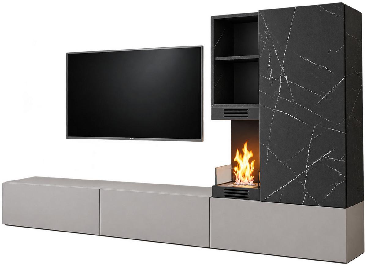 WOHNWAND Marmor schwarz, Lehm-Grau 270 cm, Schrankwand mit Ethanol Kamin, Push-to-Open - Schwarz/Grau, Holzwerkstoff (270/158/38cm) - Inn.Furn