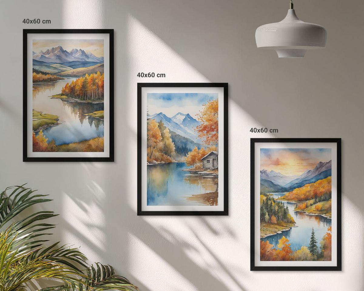 BILDER SET 3er Set - 40x60 cm Schwarzer Rahmen - Herbstliche Berglandschaften - Schwarz, Kunststoff (40/60cm) - TULUP