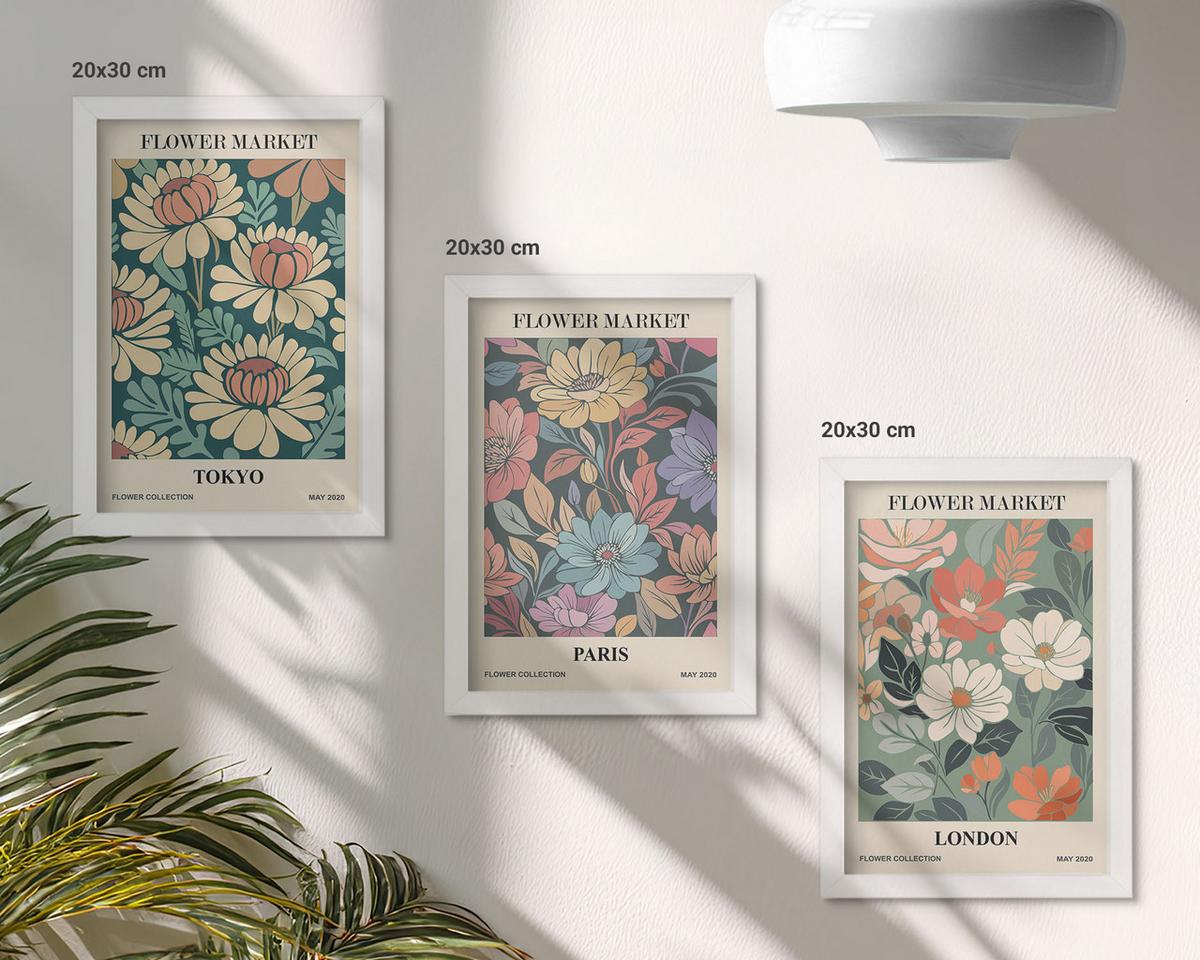BILDER SET 3er Set - 20x30 cm Weißer Rahmen - Blumenposter Tokio Paris London - Weiß, Kunststoff (20/30cm) - TULUP