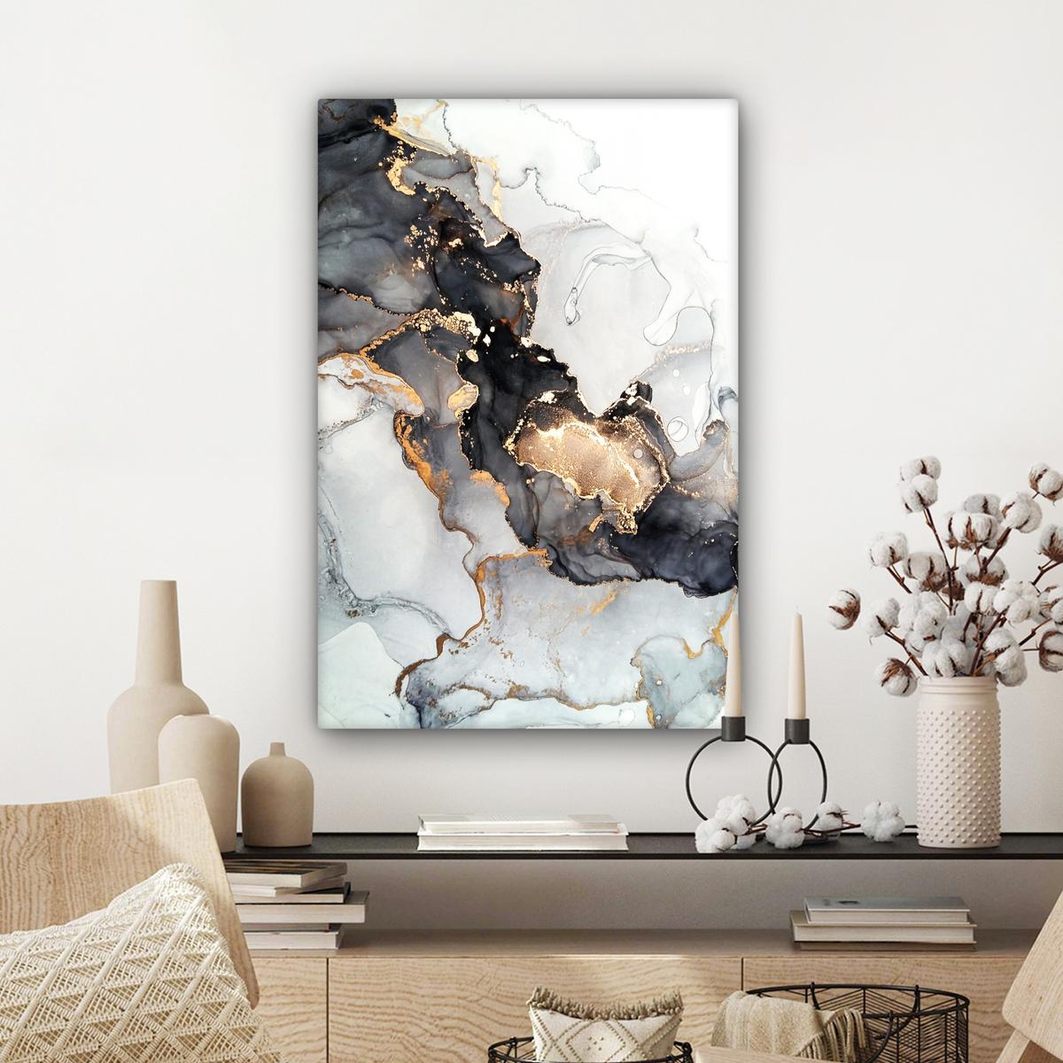LEINWANDBILD Marmor - Schwarz - Weiß - Gold - Luxus - Abstrakt Wanddeko Schlafzimmer 60x90 cm - Goldfarben, Textil (60/90cm) - MuchoWow