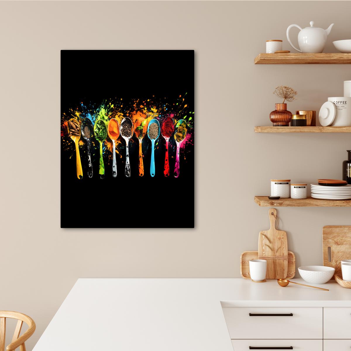 LEINWANDBILD Löffel - Gewürze - Modern - Graffiti - Farbe - Farbenfroh Wandbild Wohnzimmer 60x80 cm - Multicolor, Textil (60/80cm) - MuchoWow