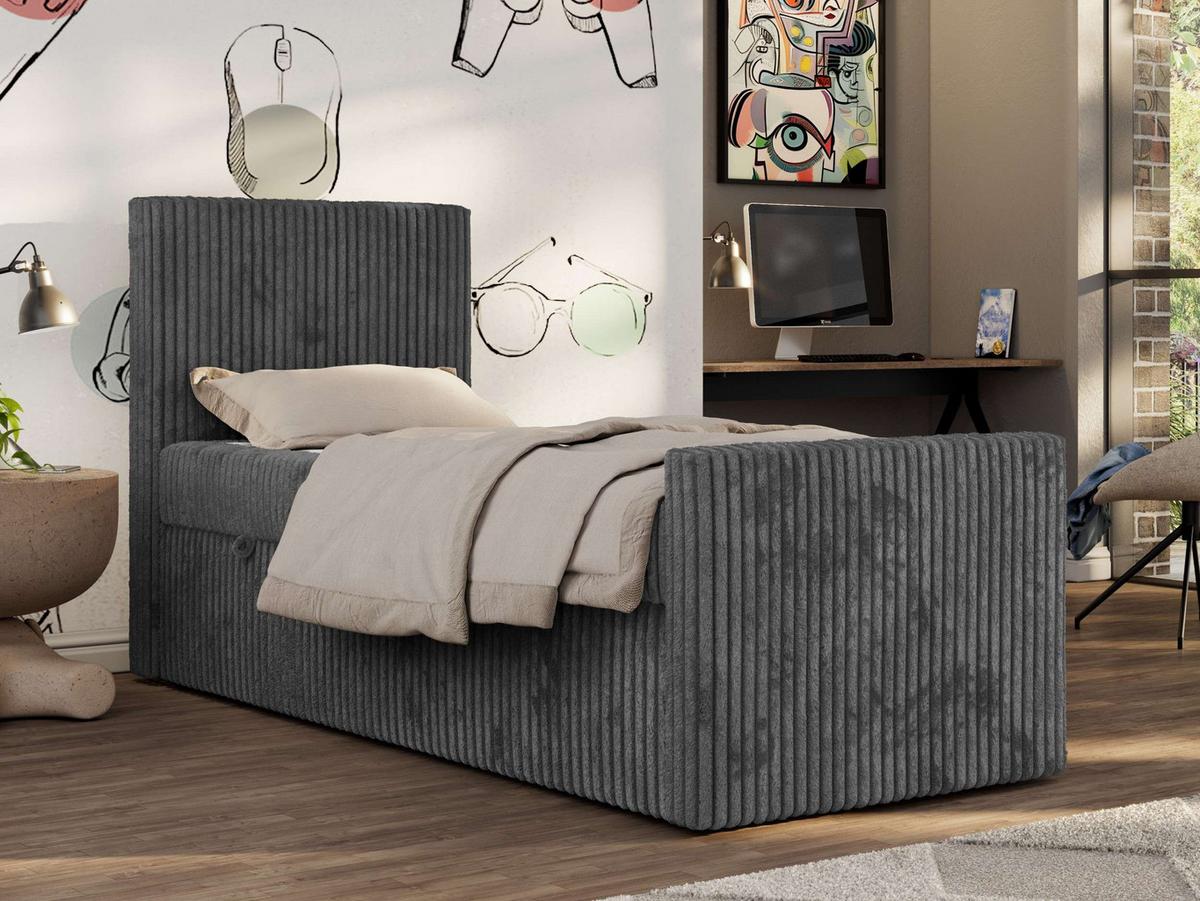 JUGENDBETT TILIO DUO 90/200 - Grau Cord - H4 - Links Seite - Grau, Textil (90/200cm) - MKS