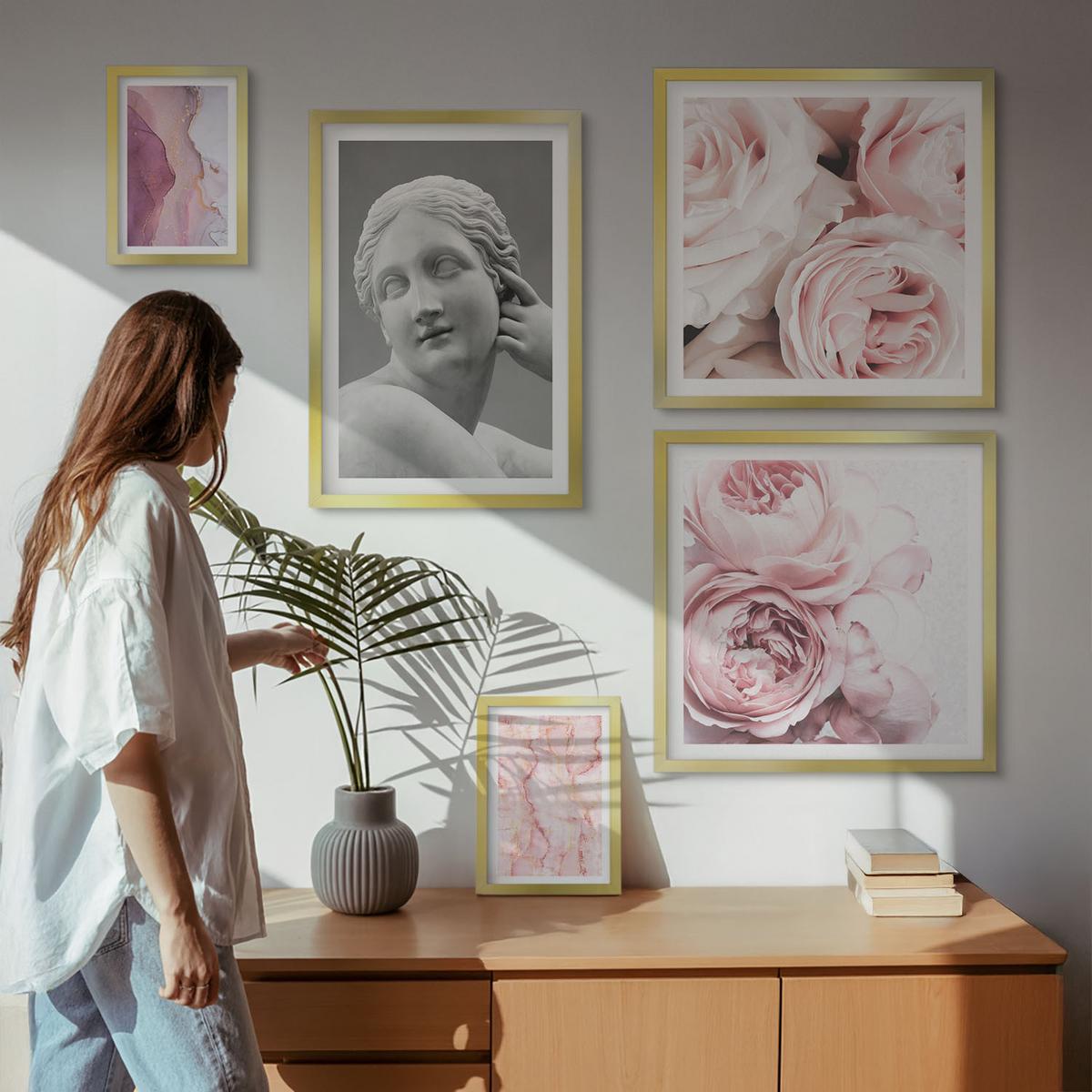 BILDER SET 5er Set - 50x50 cm & 20x30 cm & 40x60 cm Goldrahmen - Pfingstrosenskulptur einer Frau - Goldfarben, Kunststoff (40/60cm) - TULUP