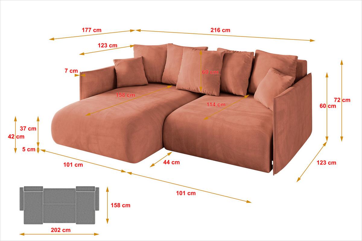 ECKSOFA Ottomane links ONESK-L 216x177x72 Apricot Velours - Koralle, Holzwerkstoff/Kunststoff (216/177cm) - ALTDECOR