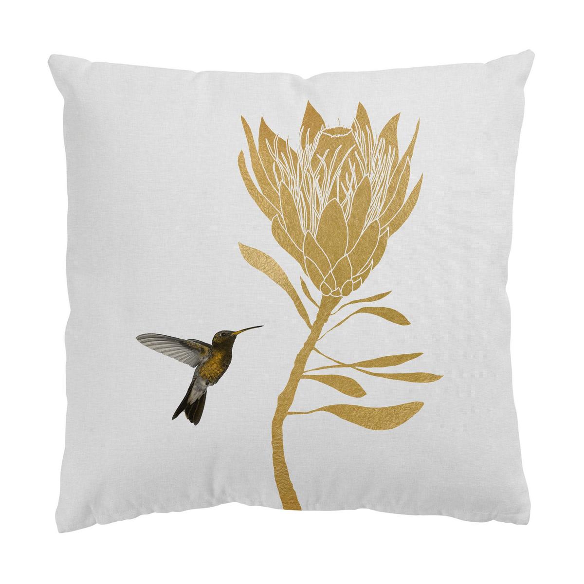 DEKOKISSEN 2er-Set Kolibri und tropische goldene Blüten Duo 40/40 cm - Goldfarben, Textil (40/40cm) - Bilderwelten